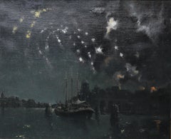 Fireworks on the Thames, London - British art river night landscape oil painting