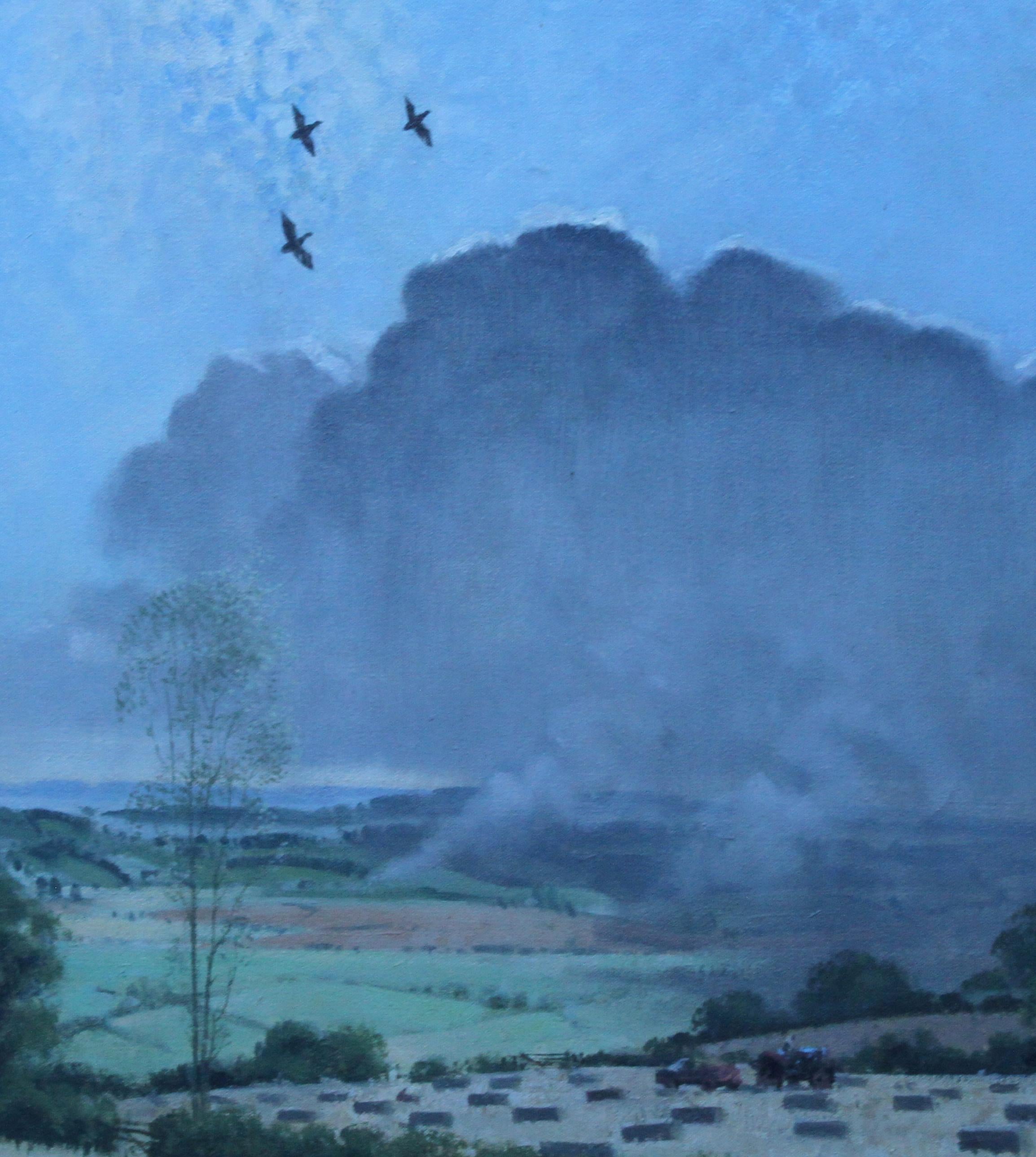 Rother Valley Landscape Kent – britisches Ölgemälde der Erntezeit aus den 1950er Jahren  (Blau), Landscape Painting, von Laurence Henry Irving