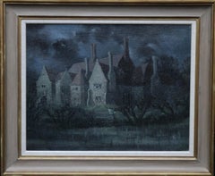 The Dark House - British 30's art architectural landscape oil painting manor 