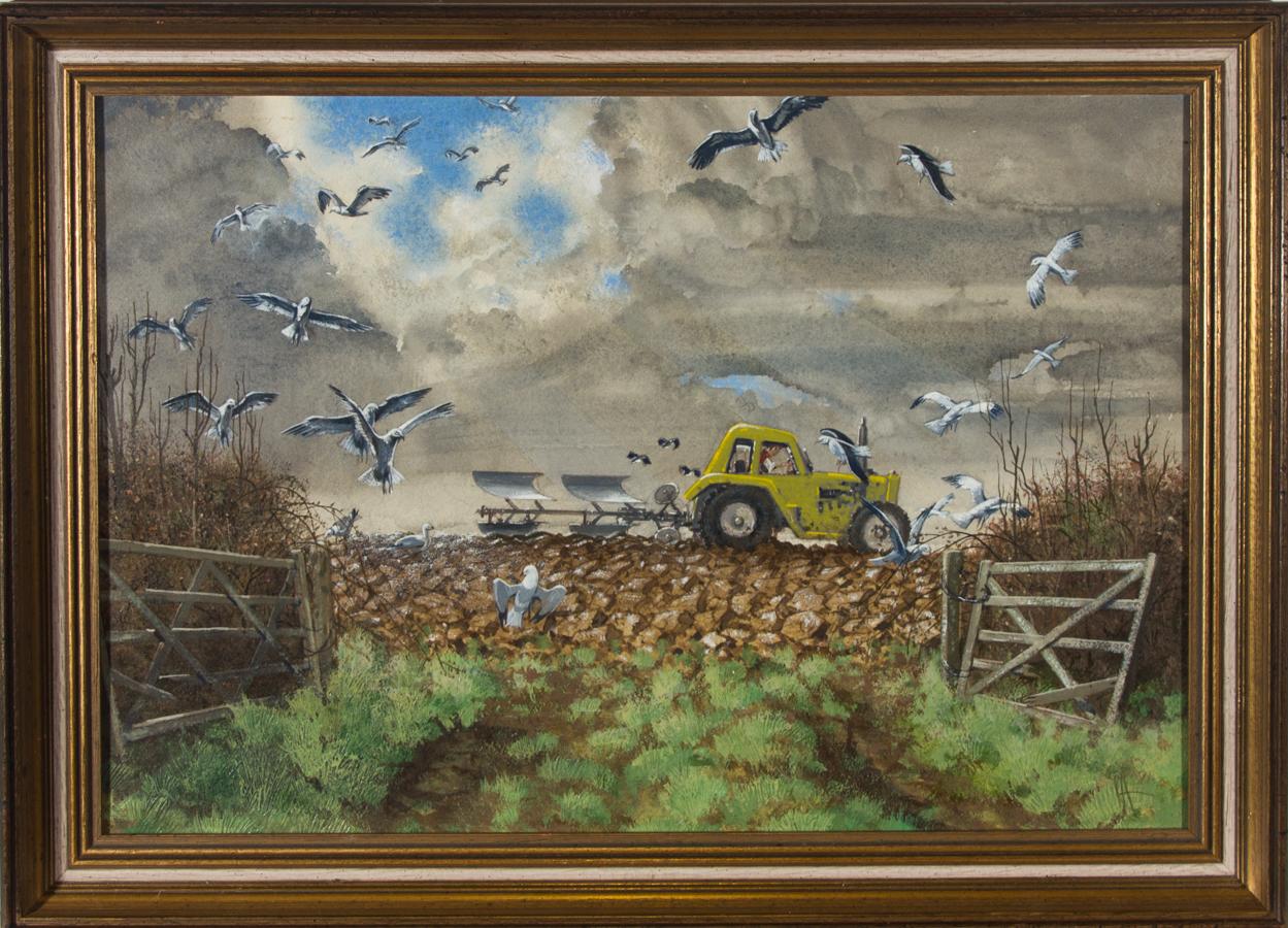 A fine mid 20th century mixed media painting, which includes watercolour, gouache and acrylic, by the listed artist Laurence H.F. Irving. Here, the artist has beautifully captured a farm scene with a figure operating a yellow tractor, and several
