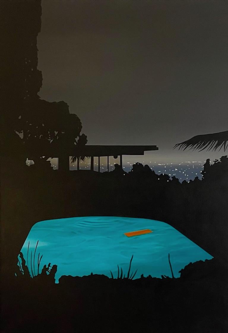 Laurence Jones Landscape Painting - Pool with Orange Float (Stahl Silhouette)