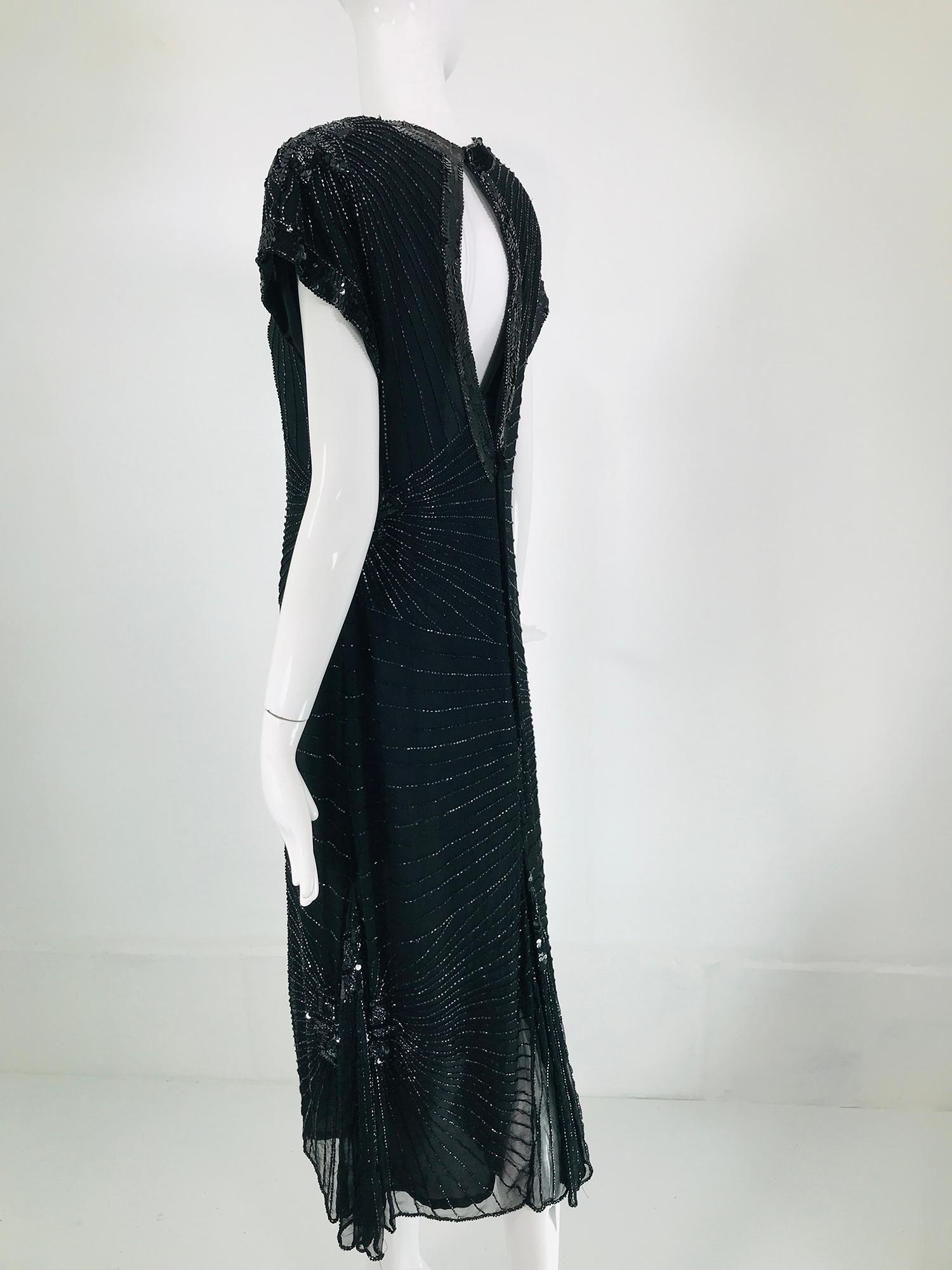 Laurence Kazar Black Silk Beaded & Sequin Circle Back Cocktail Dress 1980s For Sale 4