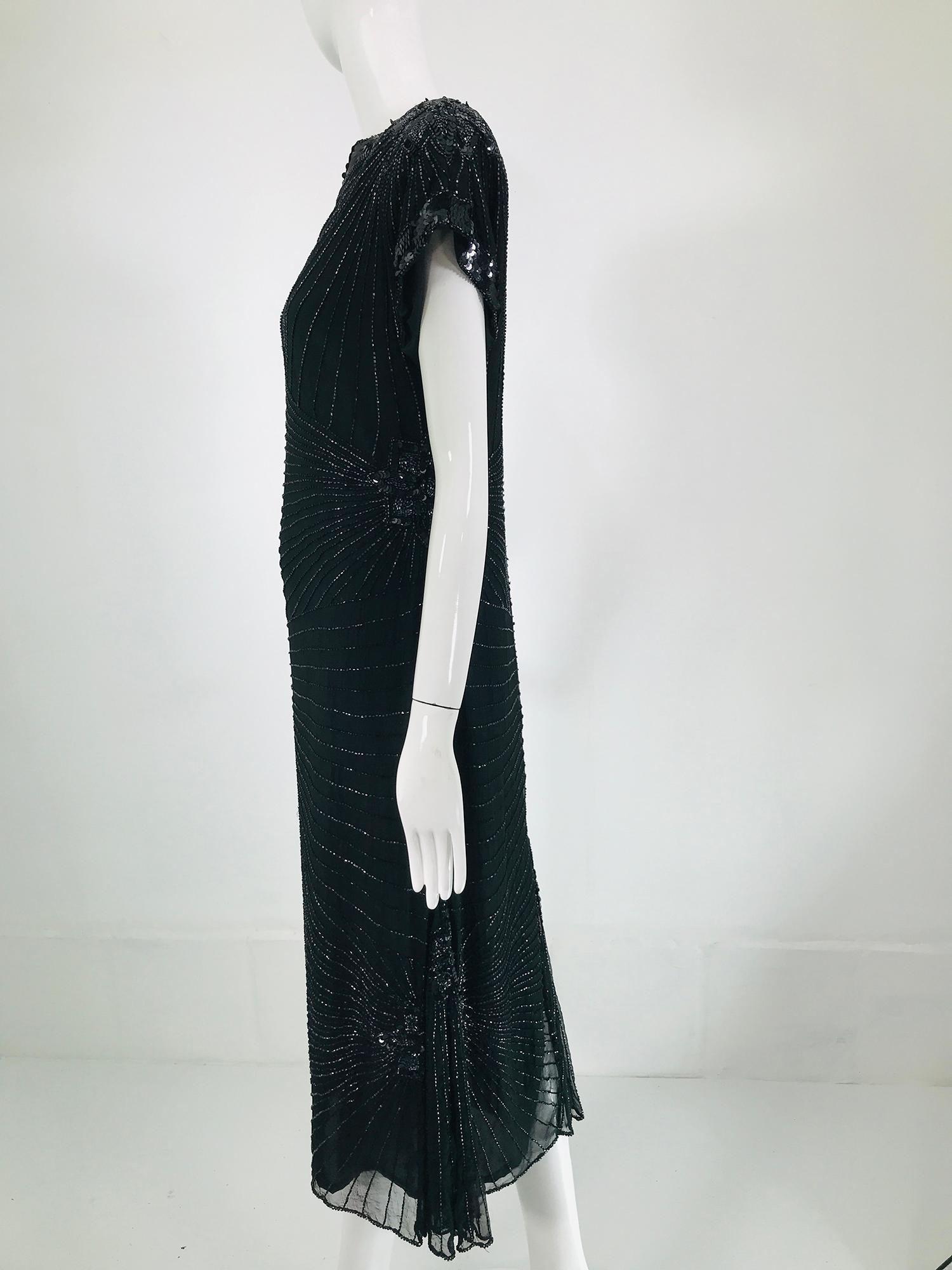 Laurence Kazar Black Silk Beaded & Sequin Circle Back Cocktail Dress 1980s For Sale 5