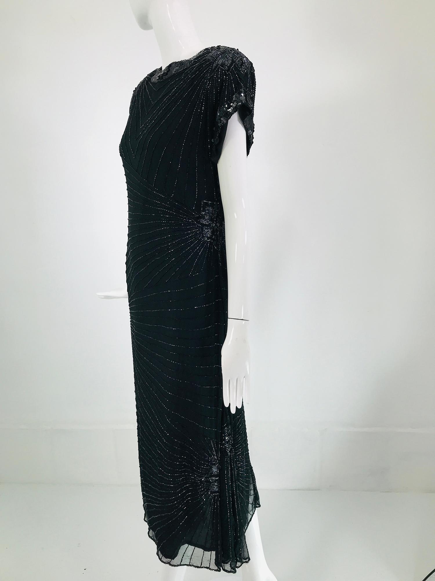 Laurence Kazar Black Silk Beaded & Sequin Circle Back Cocktail Dress 1980s For Sale 6