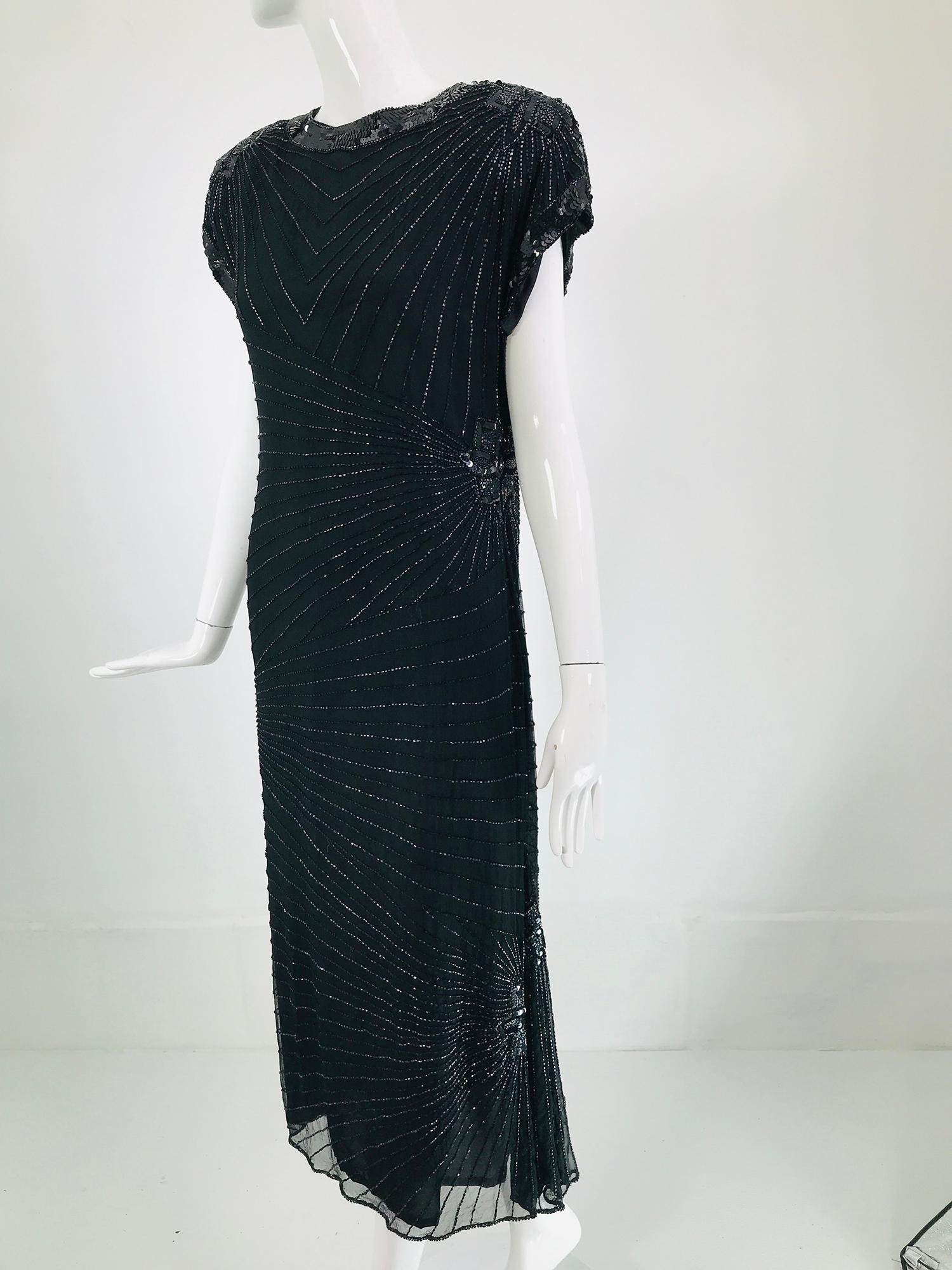 Laurence Kazar Black Silk Beaded & Sequin Circle Back Cocktail Dress 1980s For Sale 7