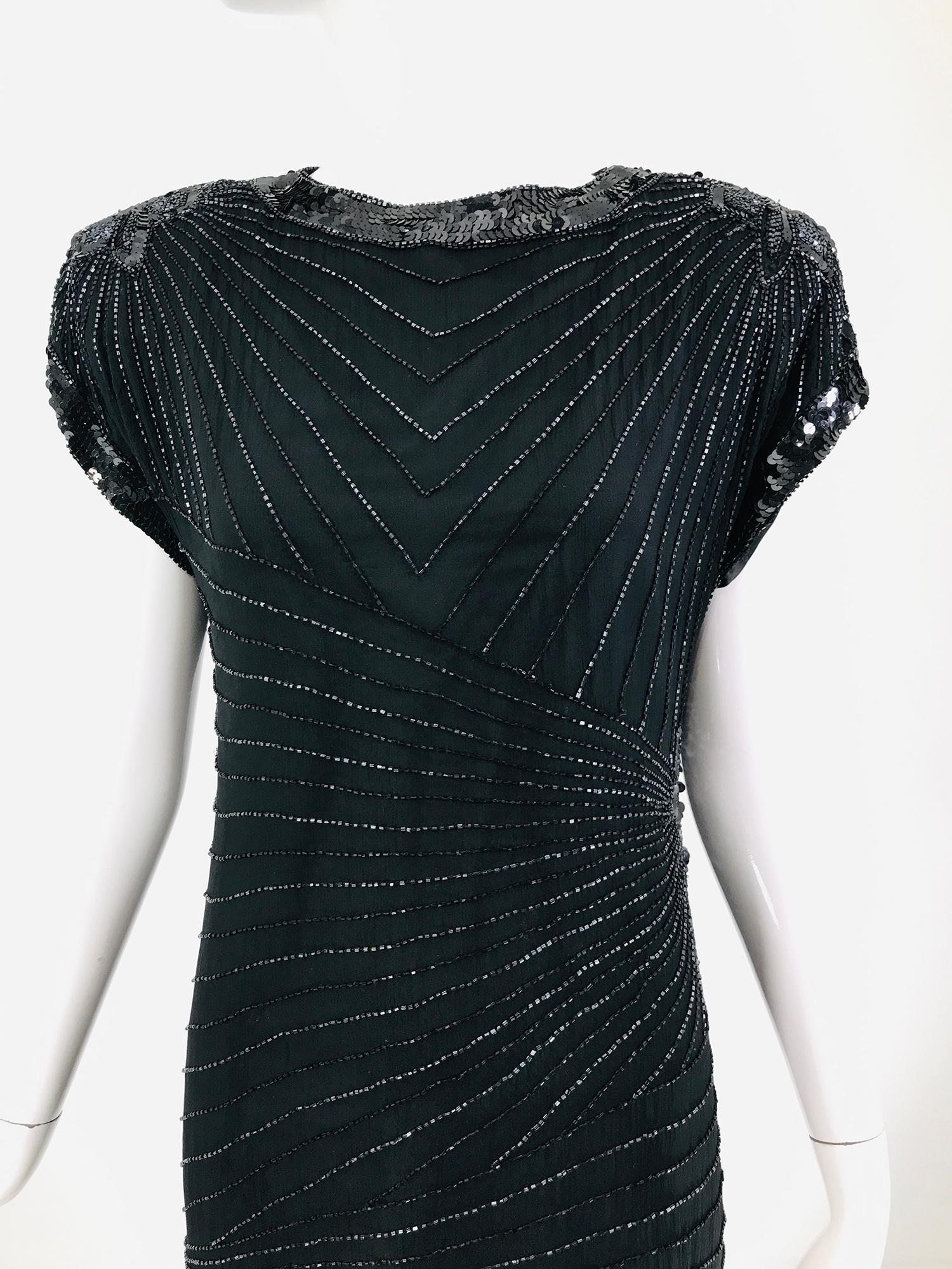 Laurence Kazar Black Silk Beaded & Sequin Circle Back Cocktail Dress 1980s For Sale 8