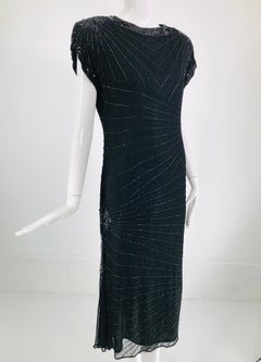 Laurence Kazar Black Silk Beaded & Sequin Circle Back Cocktail Dress 1980s