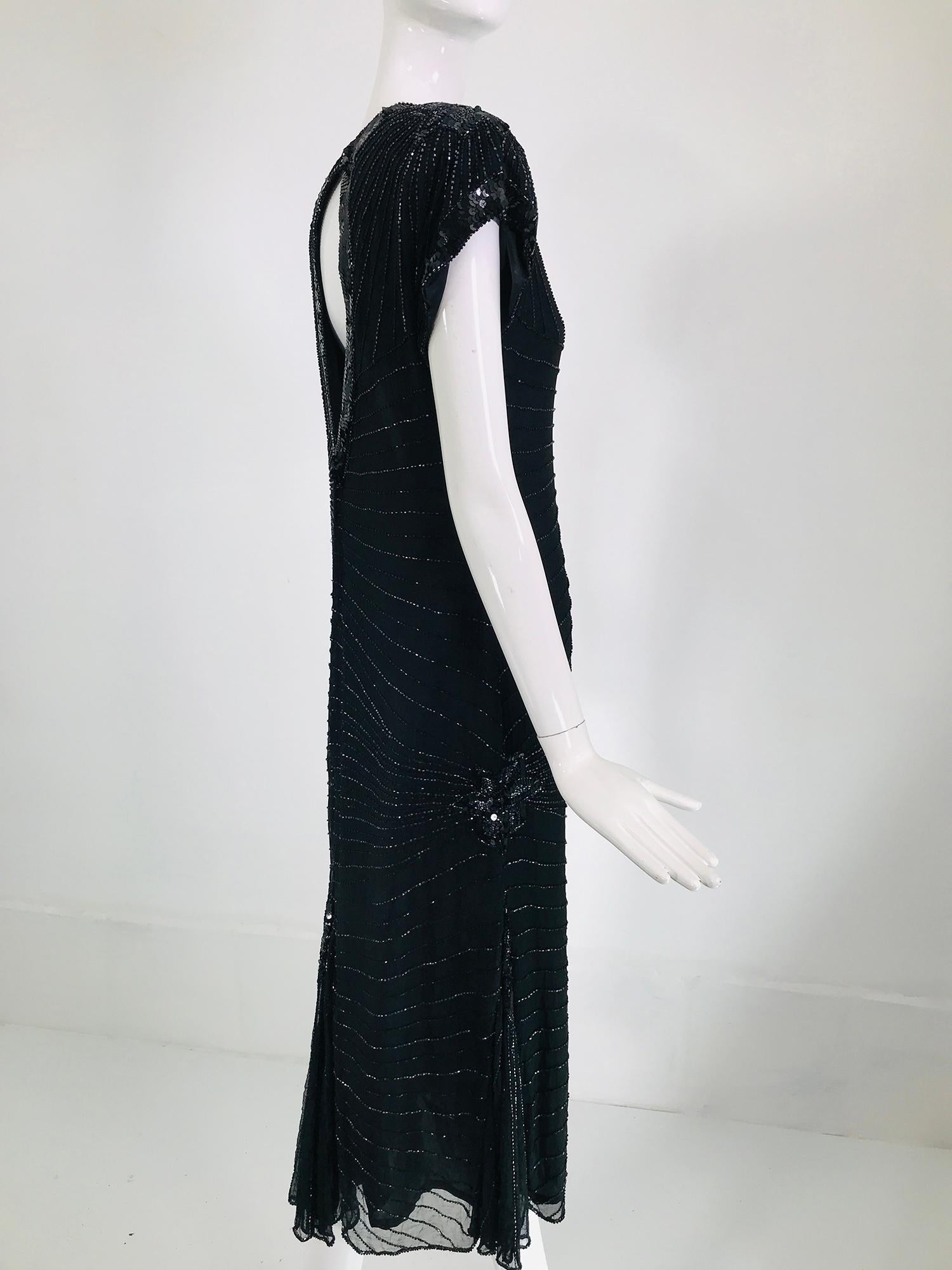 Women's Laurence Kazar Black Silk Beaded & Sequin Circle Back Cocktail Dress 1980s For Sale