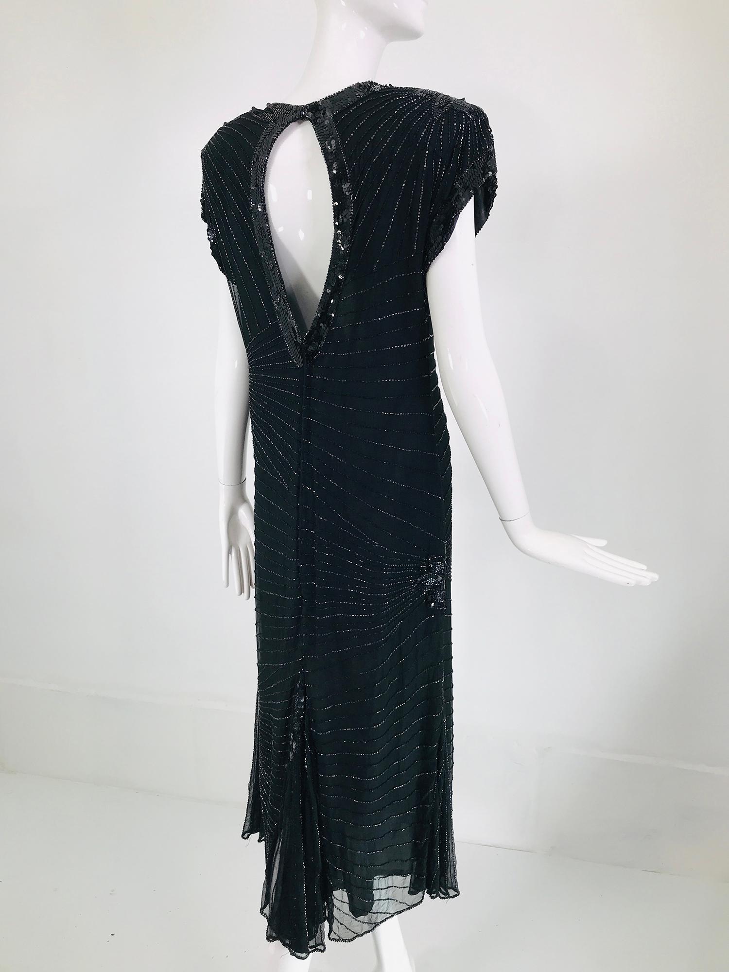 Laurence Kazar Black Silk Beaded & Sequin Circle Back Cocktail Dress 1980s For Sale 1