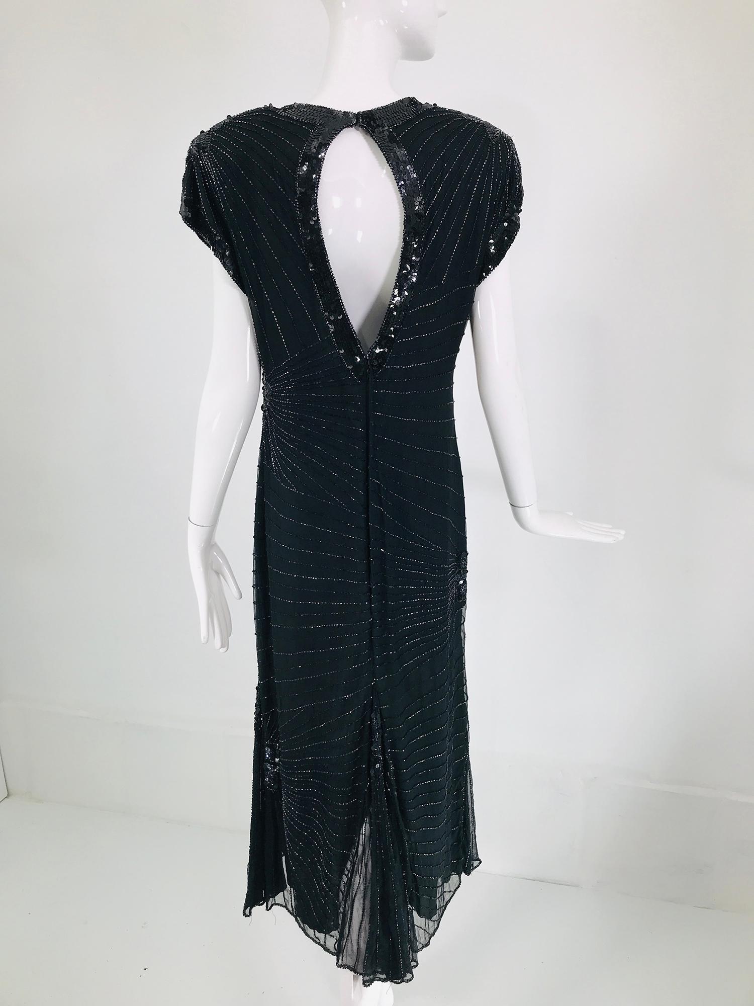 Laurence Kazar Black Silk Beaded & Sequin Circle Back Cocktail Dress 1980s For Sale 2