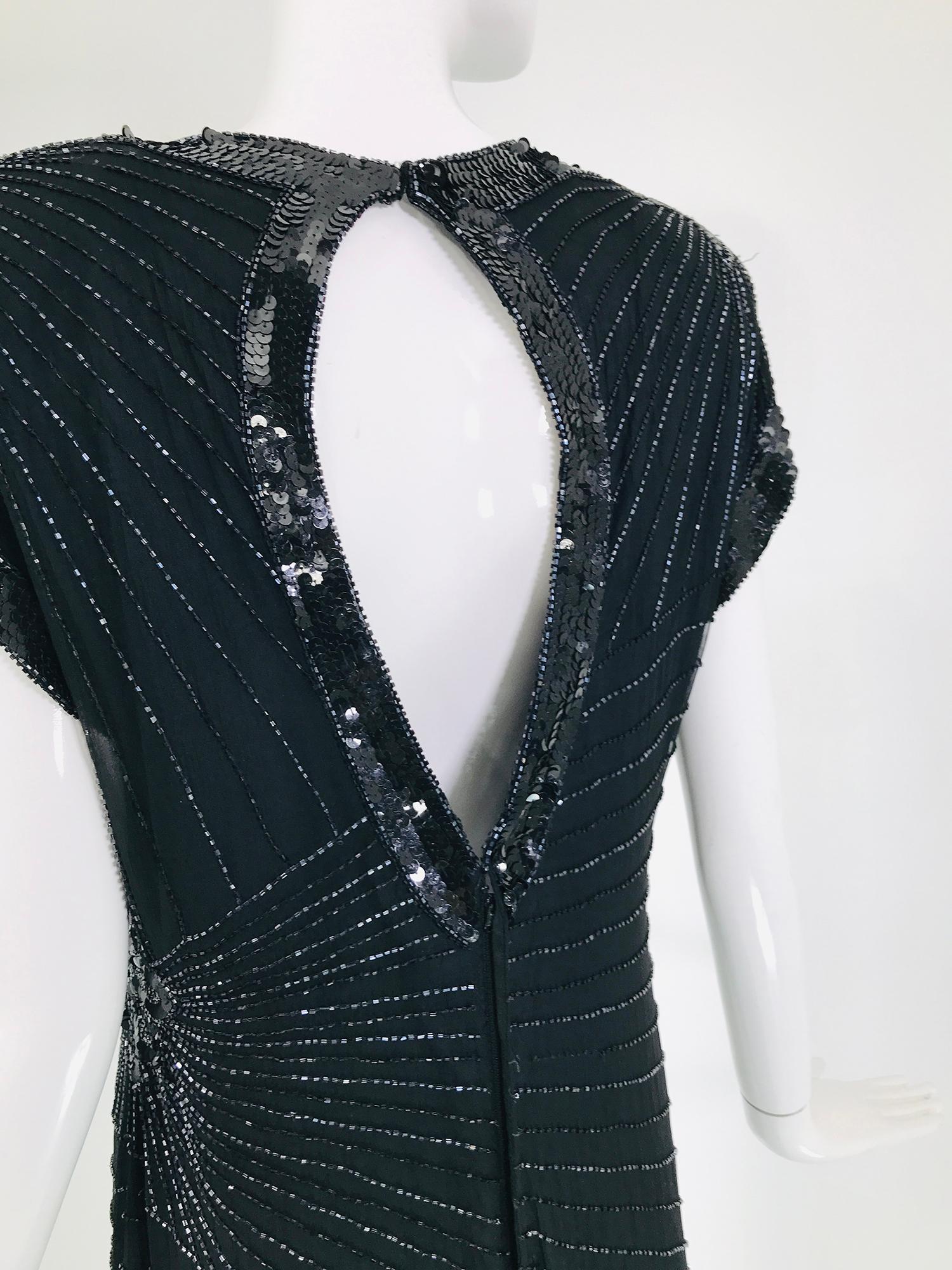 Laurence Kazar Black Silk Beaded & Sequin Circle Back Cocktail Dress 1980s For Sale 3