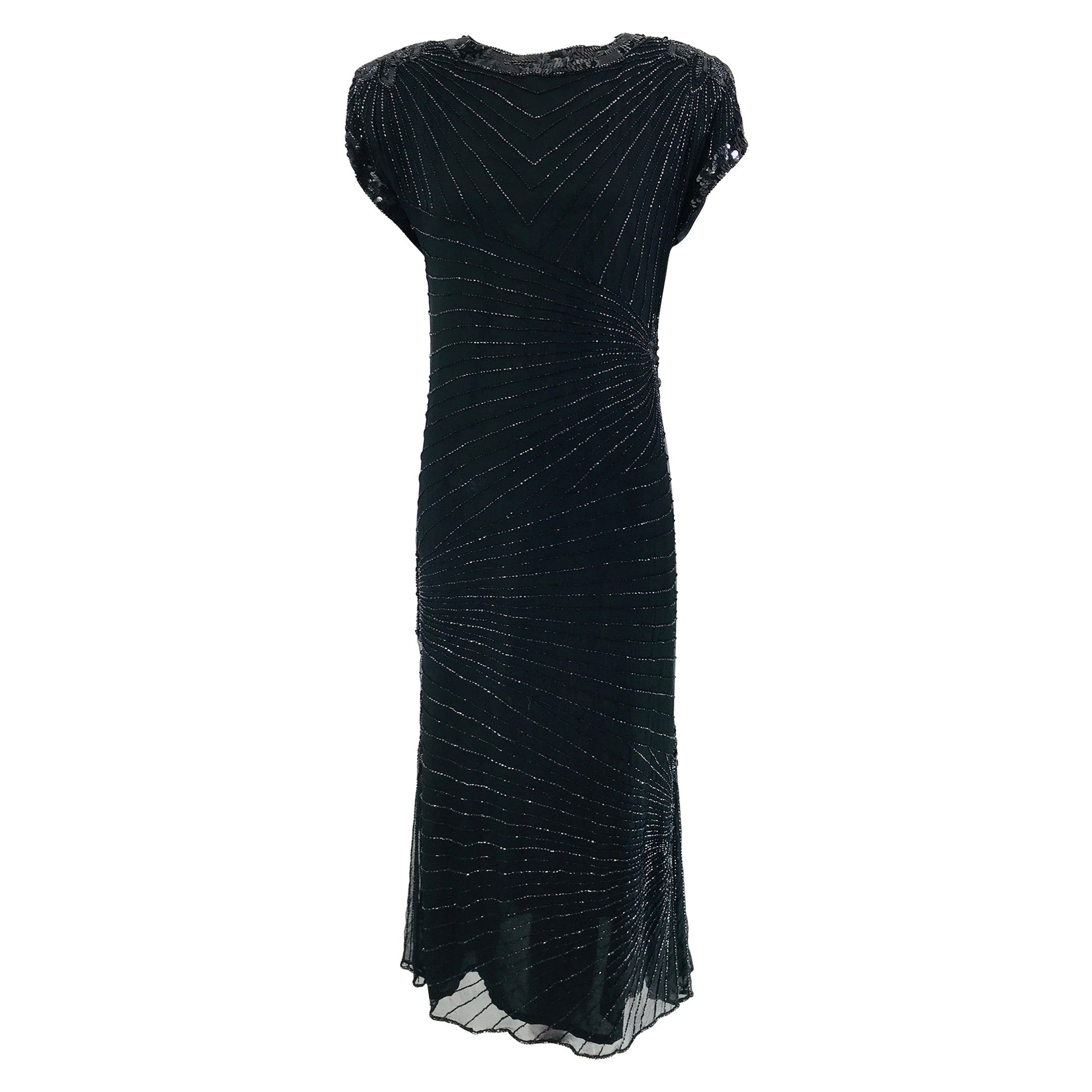 Laurence Kazar - Robe de cocktail en soie noire perlée et paillettes à dos circulaire, années 1980