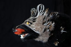 Anoukis animal figurative sculpture, wolf, feathers by Laurence Le Constant