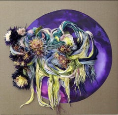 Bliss, abstract wall sculpture, colored texture feathers painting acrylic purple