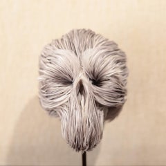 Victorine light grey feathers skull vanité on resin sculpture by L. Le Constant