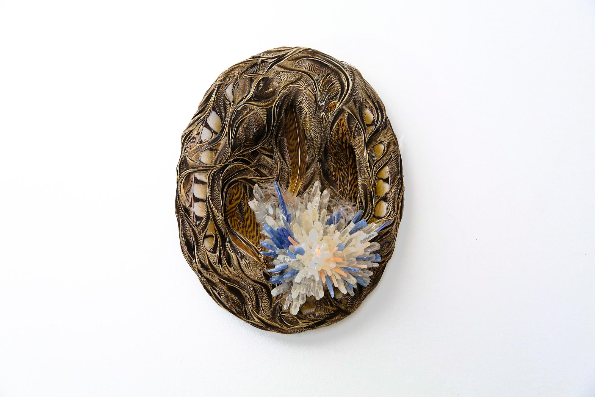 Wet thoughts II, abstract oval wall sculpture, feathers and semi precious stones - Sculpture by Laurence Le Constant