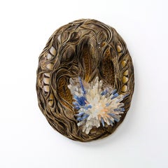 Wet thoughts II, abstract oval wall sculpture, feathers and semi precious stones