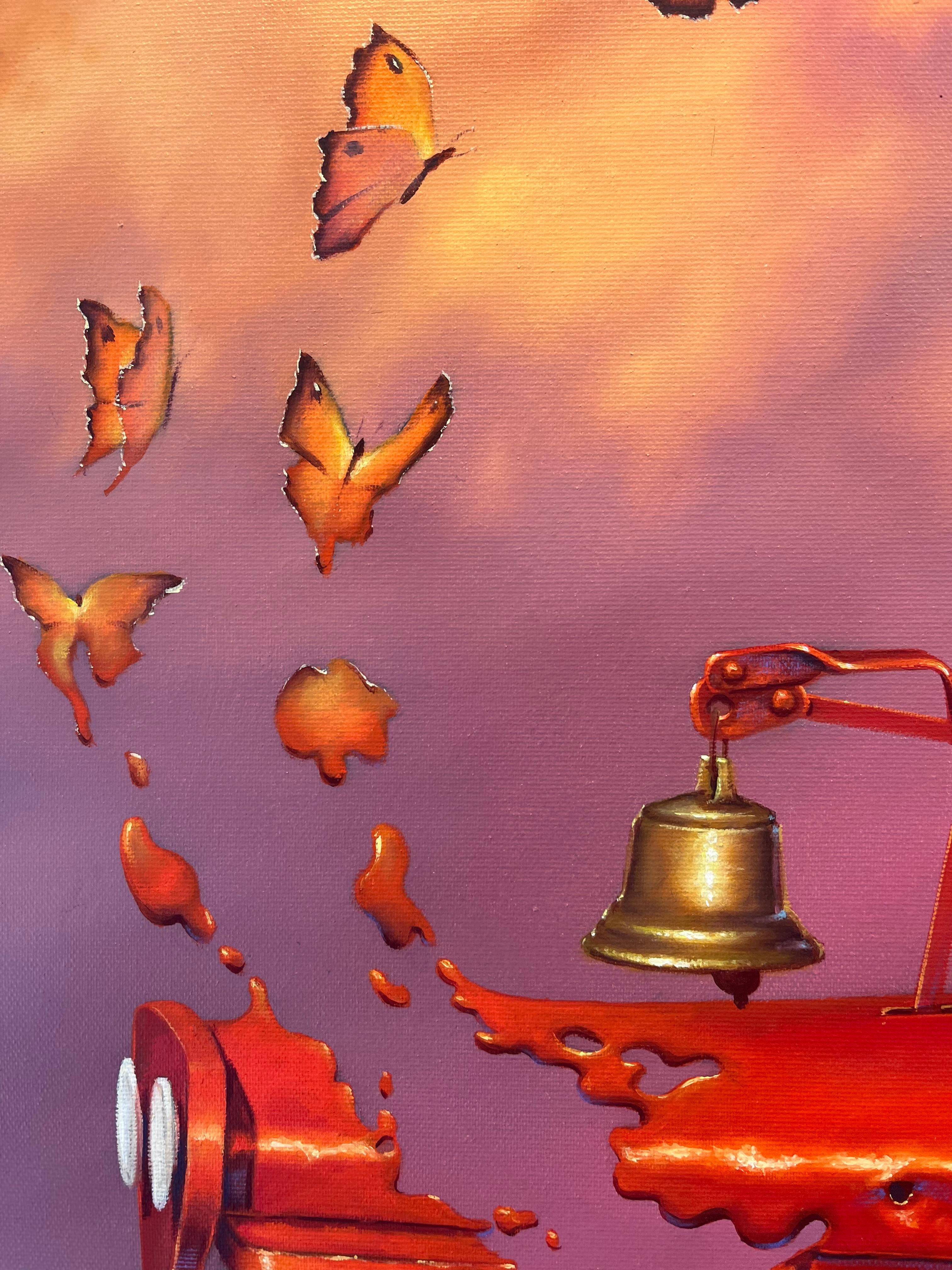 Contemporary painter Laurence O’Toole imaprts a surrealistic landscape scene which captures his classic motif of a red truck, transforming into a cluster of butterflies. This imaginary still life is suffused with glowing, pastel hues and involves a
