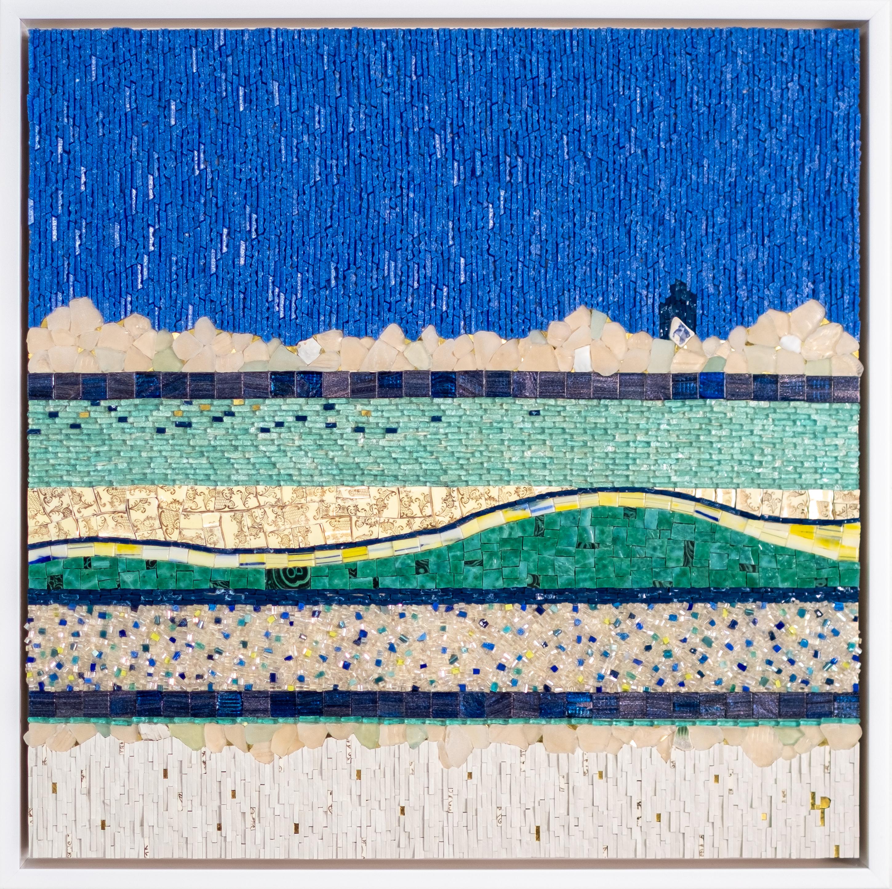 Laurence Petit Abstract Sculpture - Horizon Bleu: Mosaic Sculpture, Glass and Ceramic, Framed