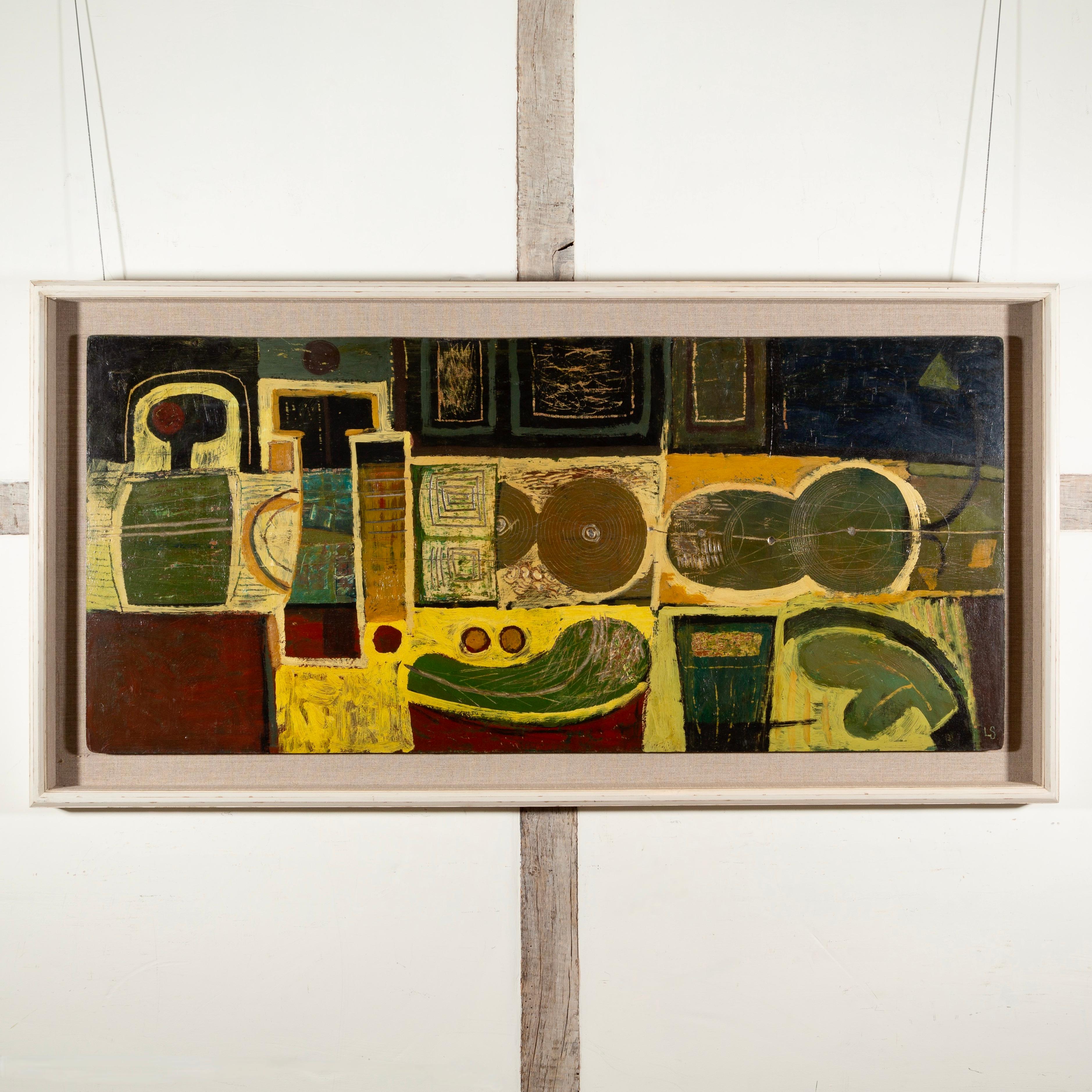 Mosaico, 1960 - Siglo XX Naturaleza muerta abstracta Pintura al óleo, Amarillo, Verde + Rojo - Painting de Laurence Scarfe