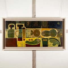 Mosaïque, 1960 - A.I.C. Nature morte abstraite à l'huile, jaune, vert + rouge