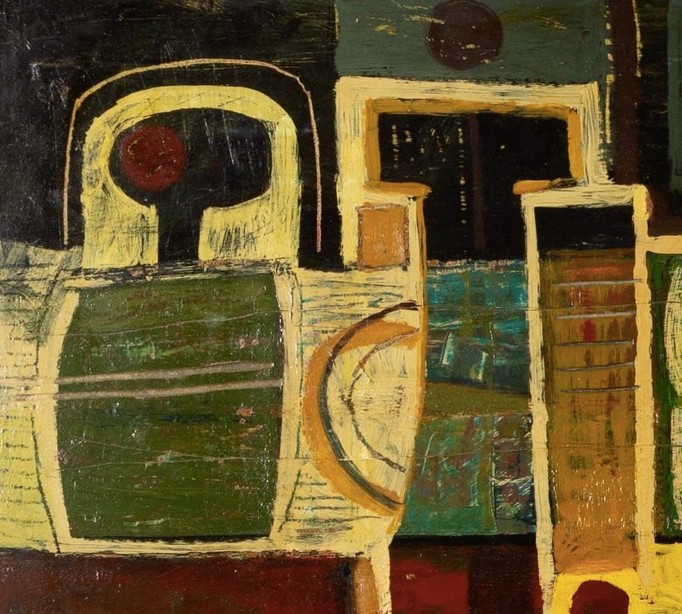 Mosaico, 1960 - Siglo XX Naturaleza muerta abstracta Pintura al óleo, Amarillo, Verde + Rojo - Abstract Painting Marrón de Laurence Scarfe