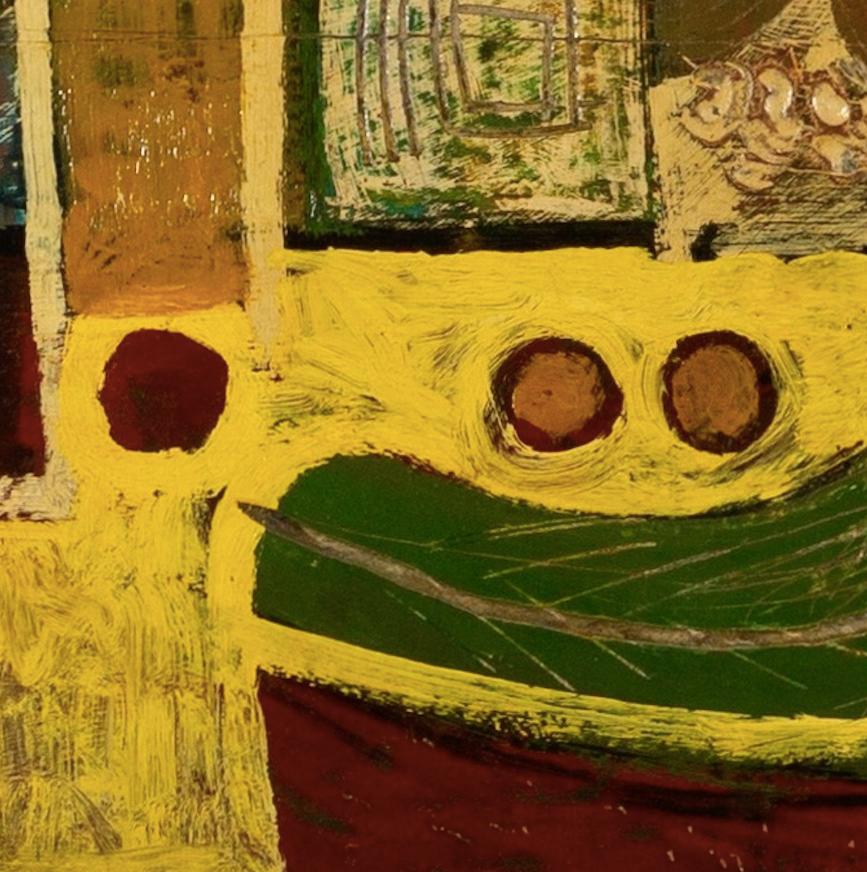 Mosaico, 1960 - Siglo XX Naturaleza muerta abstracta Pintura al óleo, Amarillo, Verde + Rojo en venta 1