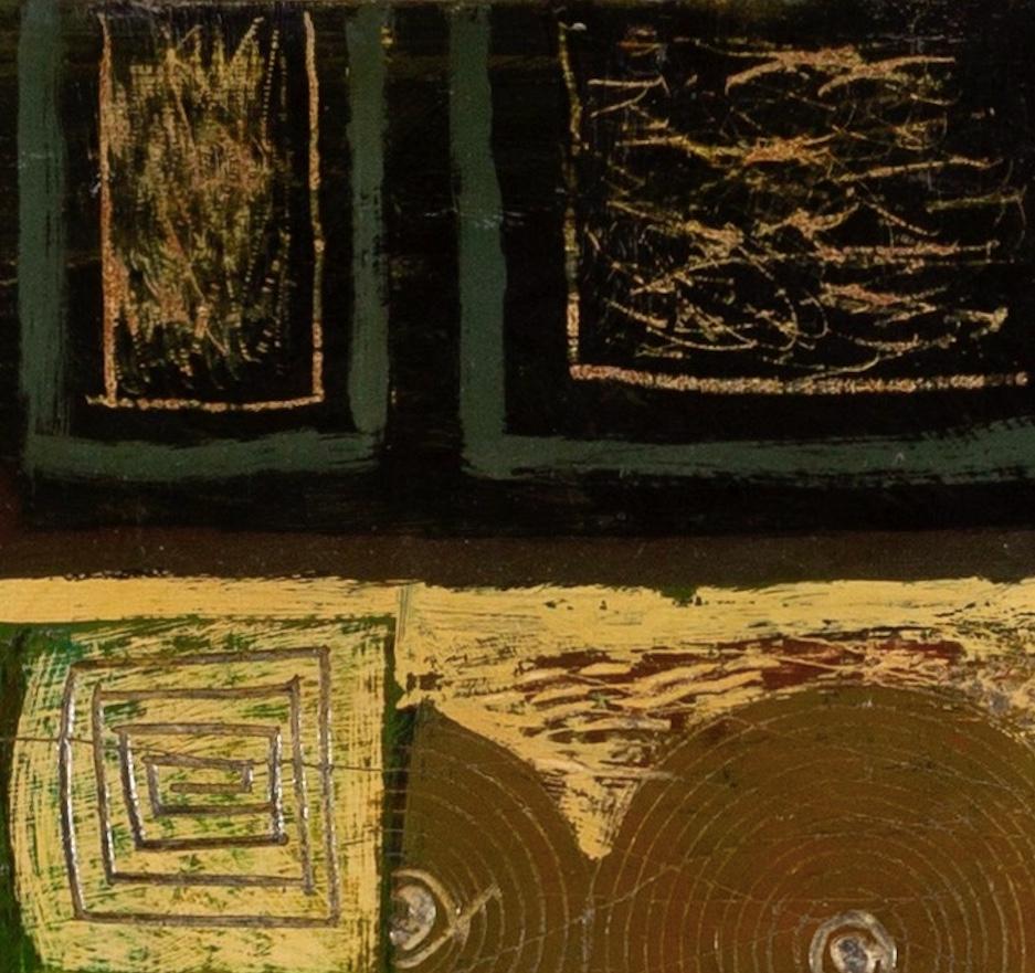Mosaico, 1960 - Siglo XX Naturaleza muerta abstracta Pintura al óleo, Amarillo, Verde + Rojo en venta 2