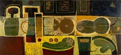 Mosaico, 1960 - C.C. Natura morta astratta, pittura a olio, giallo, verde + rosso