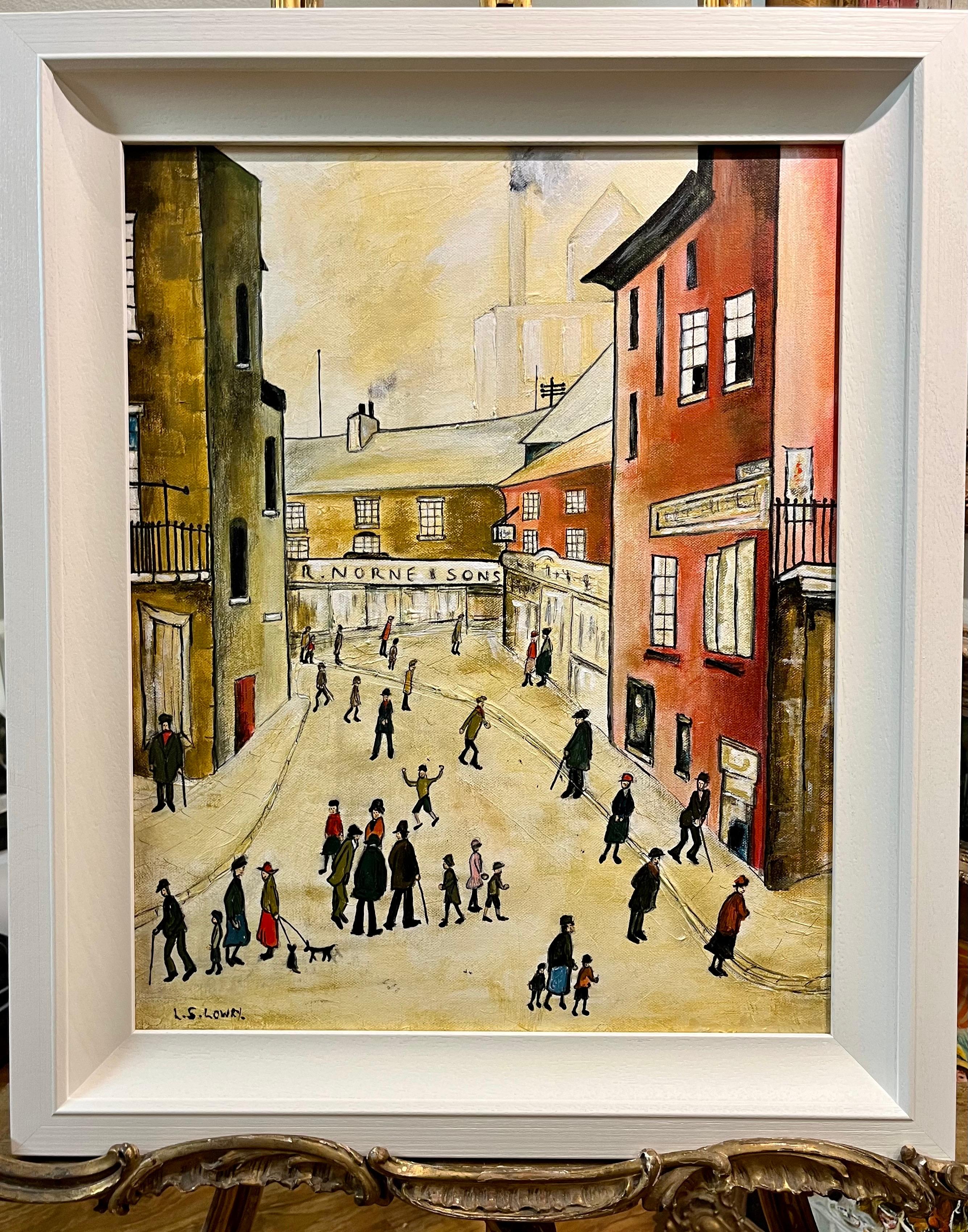 Figurative Painting di Laurence Stephen Lowry - OLD MASTER Firmato L.S. Lowry " Shopping  " Pittura ad olio  Cornice Whiting del 20° secolo