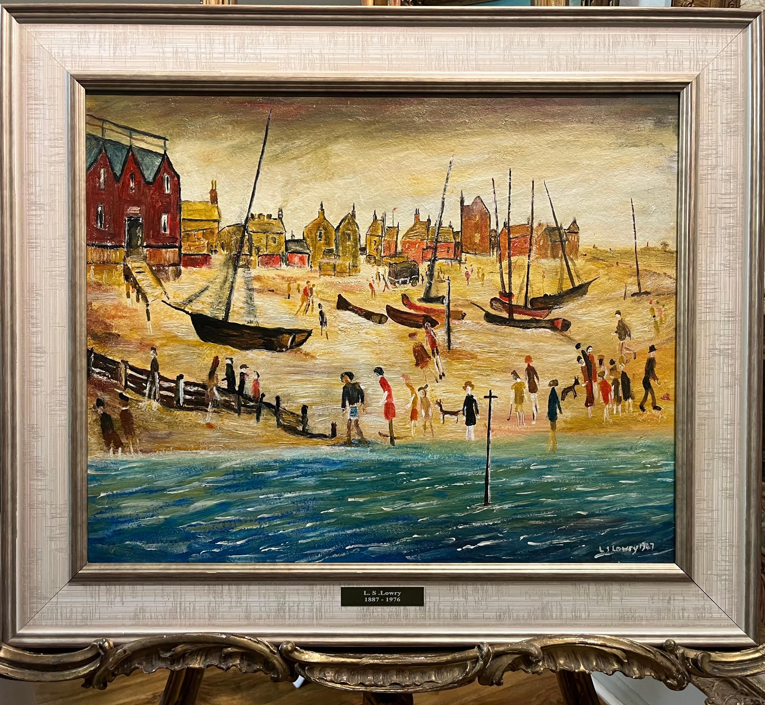 Laurence Stephen Lowry Figurative Painting – OLD MASTER Signiert L S Lowry " Der Sandstrand" Ölgemälde  20. Jahrhundert Gerahmt