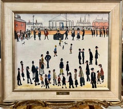 VIEJO MAESTRO Firmado L.S. Lowry " El voto " Pintura al óleo  Marco Blanco Siglo XX
