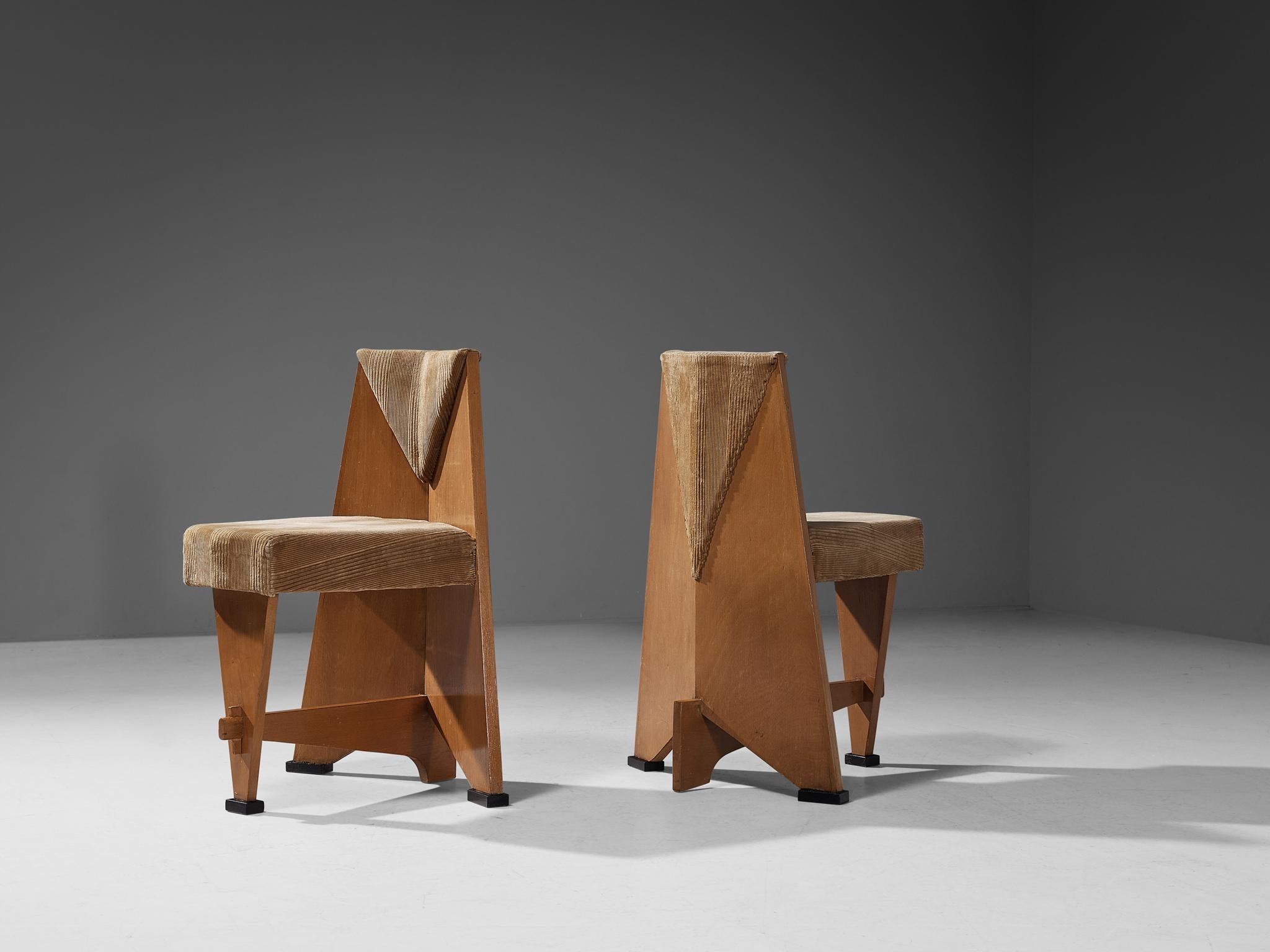 Laurens Groen for H.H. de Klerk & Zoonen, side chairs, birch, velvet upholstery, Alkmaar, The Netherlands, ca. 1928 

These chairs by Dutch designer Laurens Groen have a striking, well-documented provenance. In the style of the so-called Amsterdam