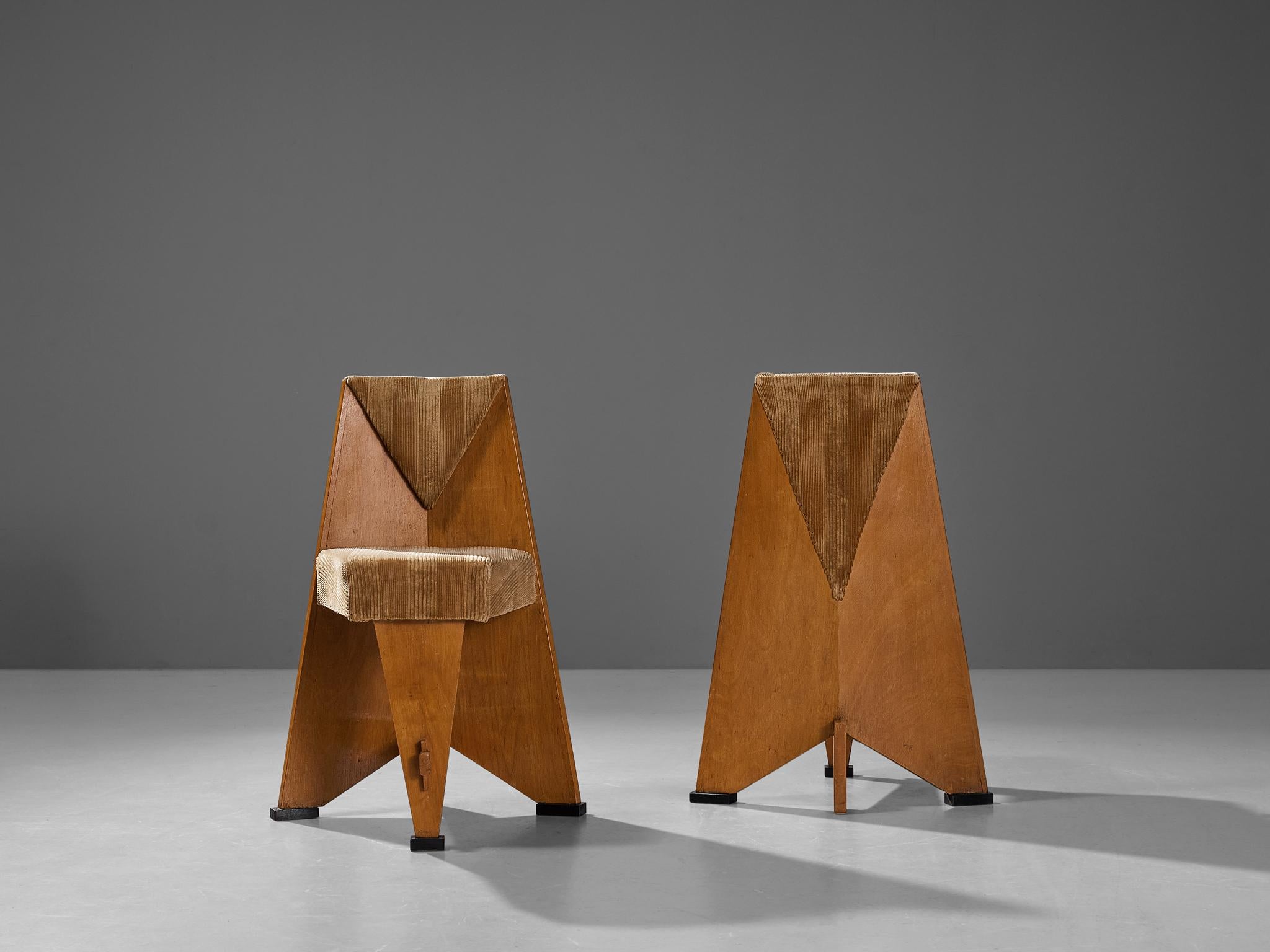 Laurens Groen Art Deco Chairs in Birch and Beige Velvet Upholstery In Good Condition In Waalwijk, NL