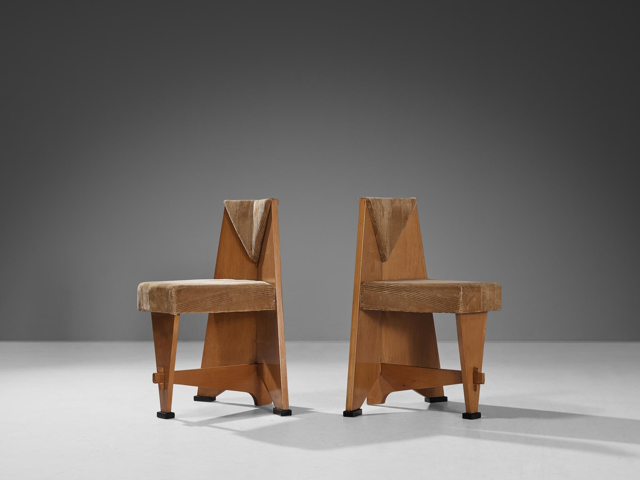 Early 20th Century Laurens Groen Art Deco Chairs in Birch and Beige Velvet Upholstery 