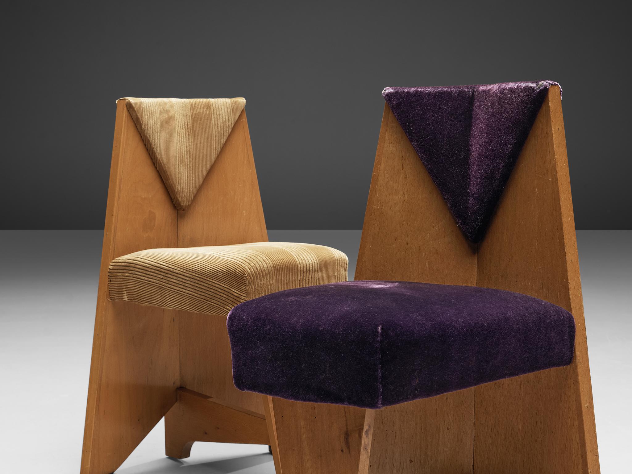 Laurens Groen for H.H. de Klerk & Zoonen, pair of chairs, birch, fabric upholstery, the Netherlands, 1924

These chairs by Dutch designer Laurens Groen have a striking, well-documented provenance. In the style of the so called Amsterdam School style