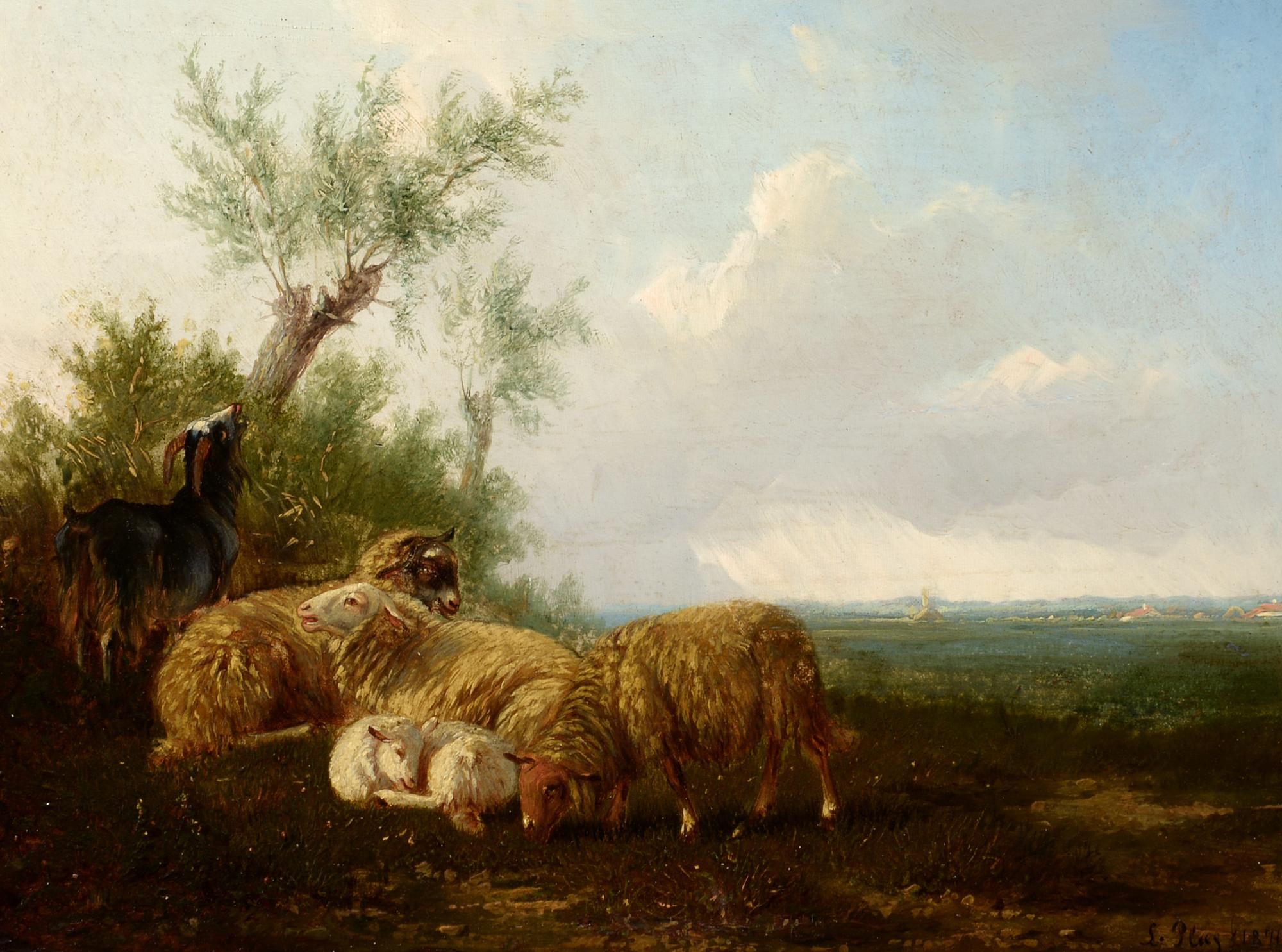 Plas, Louwerencius (Lourentius) Animal Painting - "Passing Shower" 19th Century Dutch Romantic Realist Landscape with Sheep