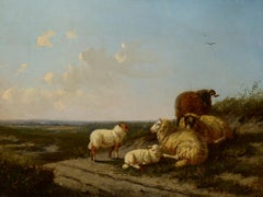 "The Overlook" Laurens Plas 19th C Dutch Realist Romatic Landscape with Sheep