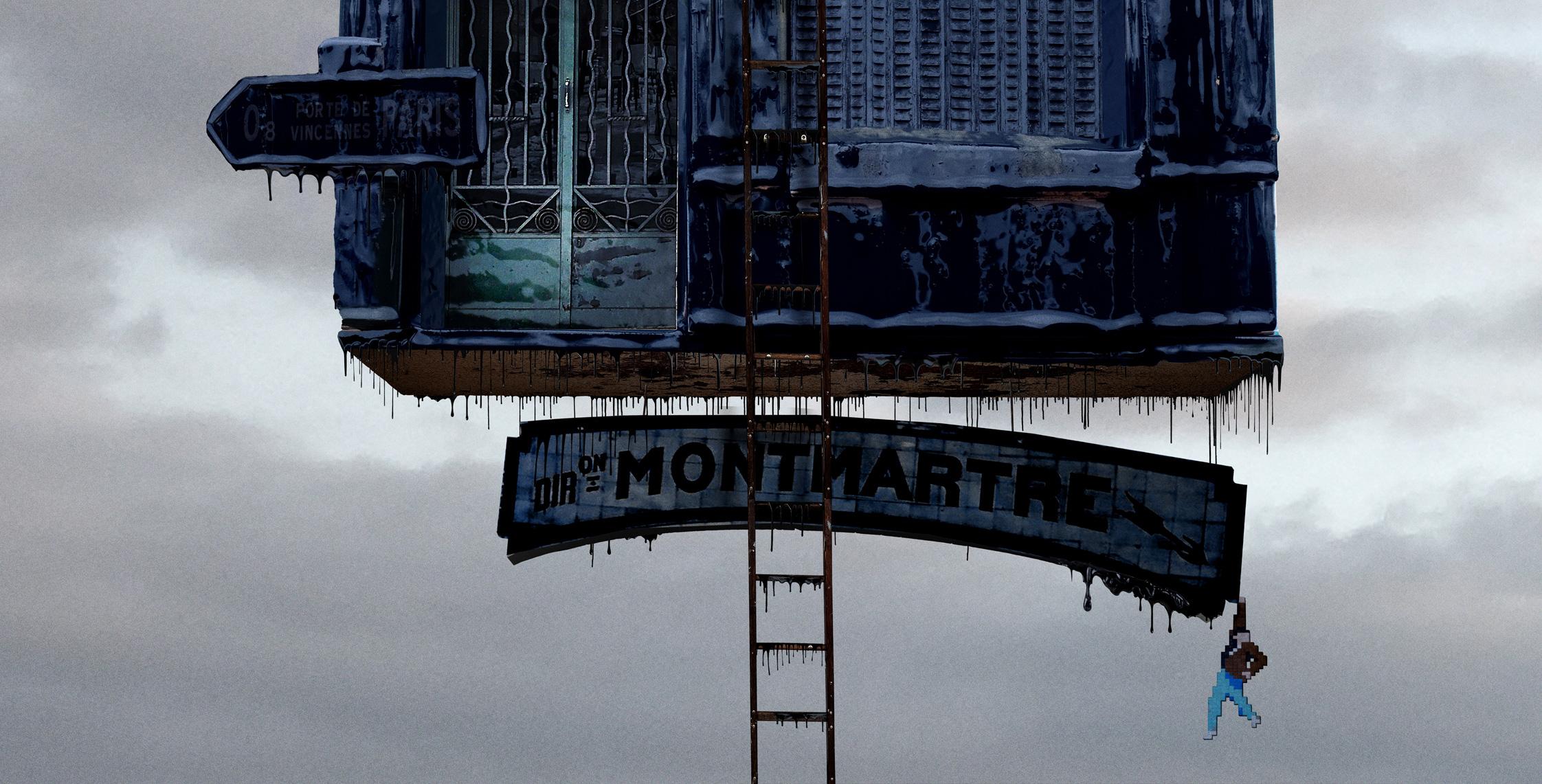 3 Samourais – skurrile manipulierte Farbfotografie eines fliegenden Pariser Hauses – Photograph von Laurent Chéhère