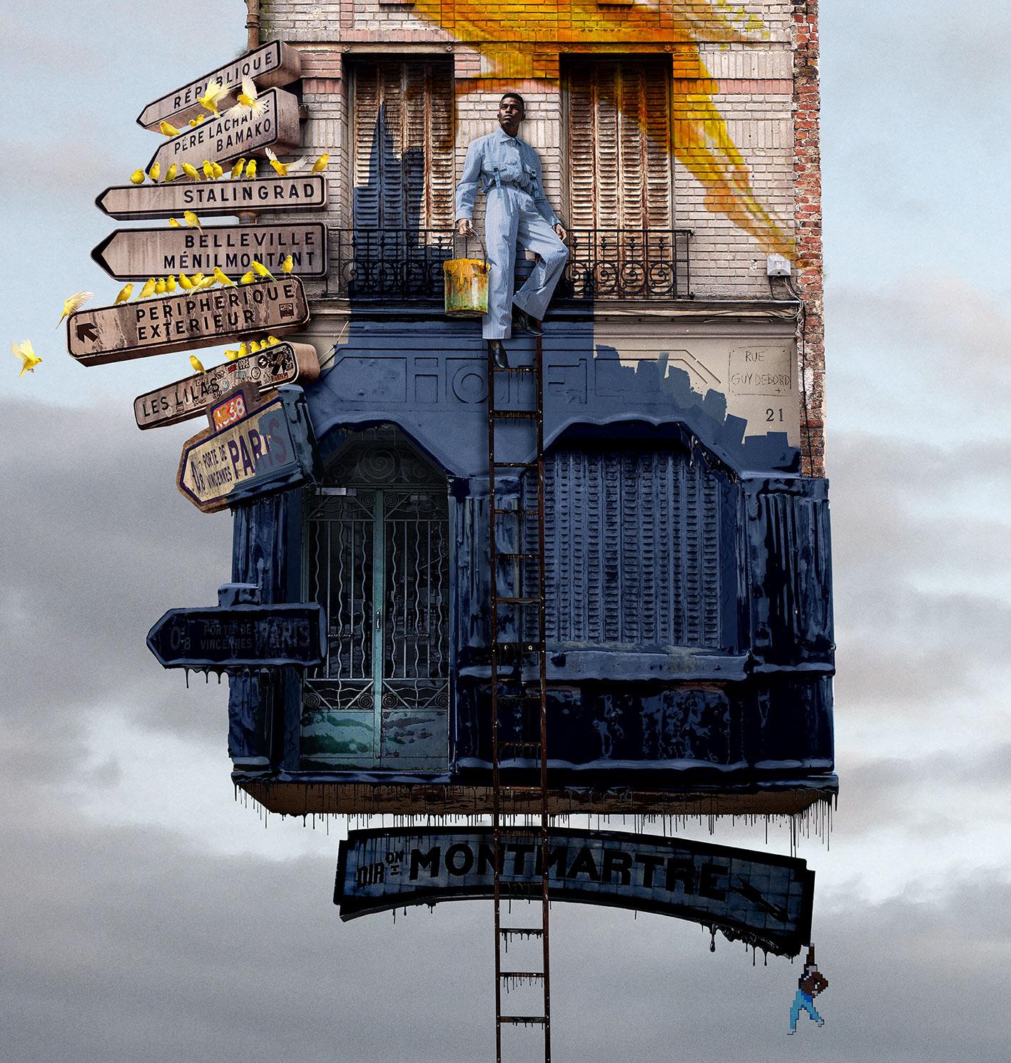 3 Samourais – skurrile manipulierte Farbfotografie eines fliegenden Pariser Hauses (Zeitgenössisch), Photograph, von Laurent Chéhère