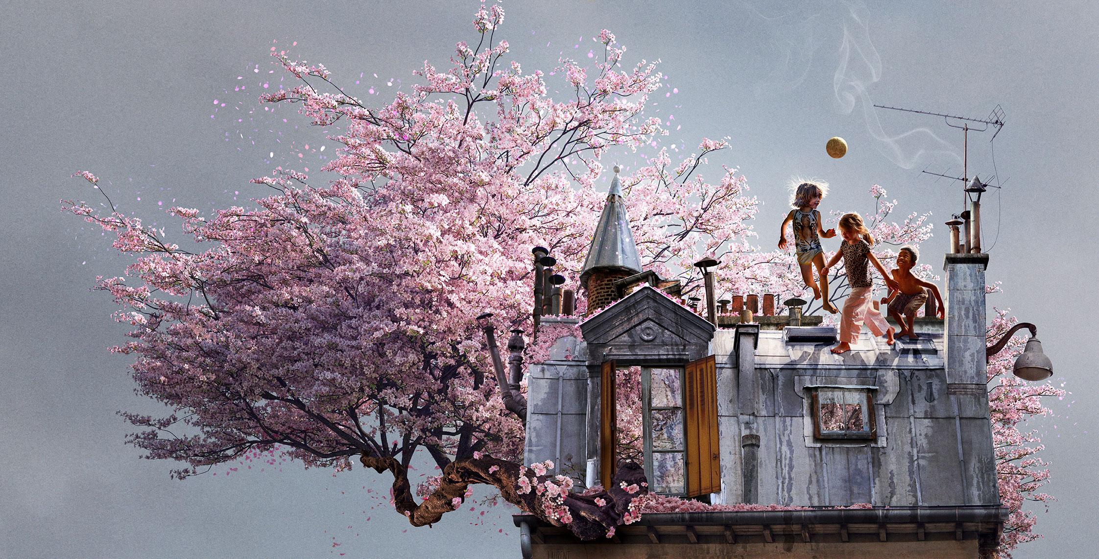 3 samourais - whimsical manipulated color photograph of a flying Parisian house For Sale 1