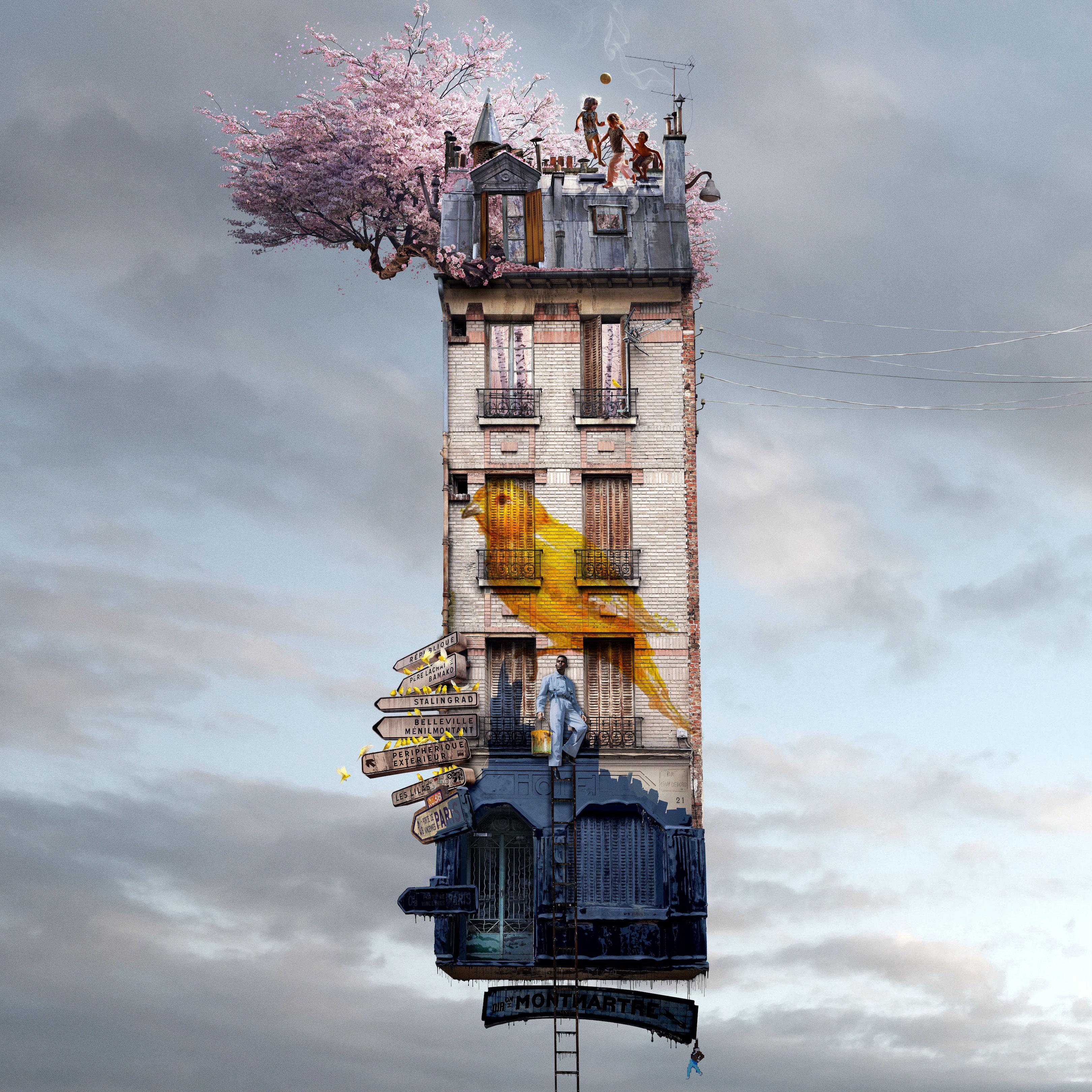 Laurent Chéhère Color Photograph – 3 Samourais – skurrile manipulierte Farbfotografie eines fliegenden Pariser Hauses