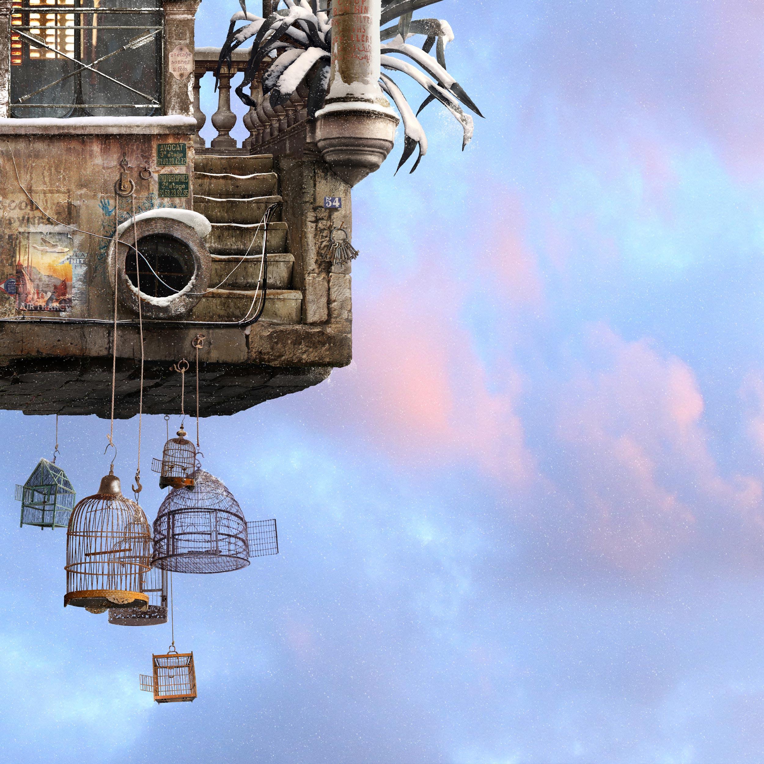 Vogel-Charmeur – Zeitgenössisches, skurriles digitales Fotomontage eines fliegenden Hauses  im Angebot 1