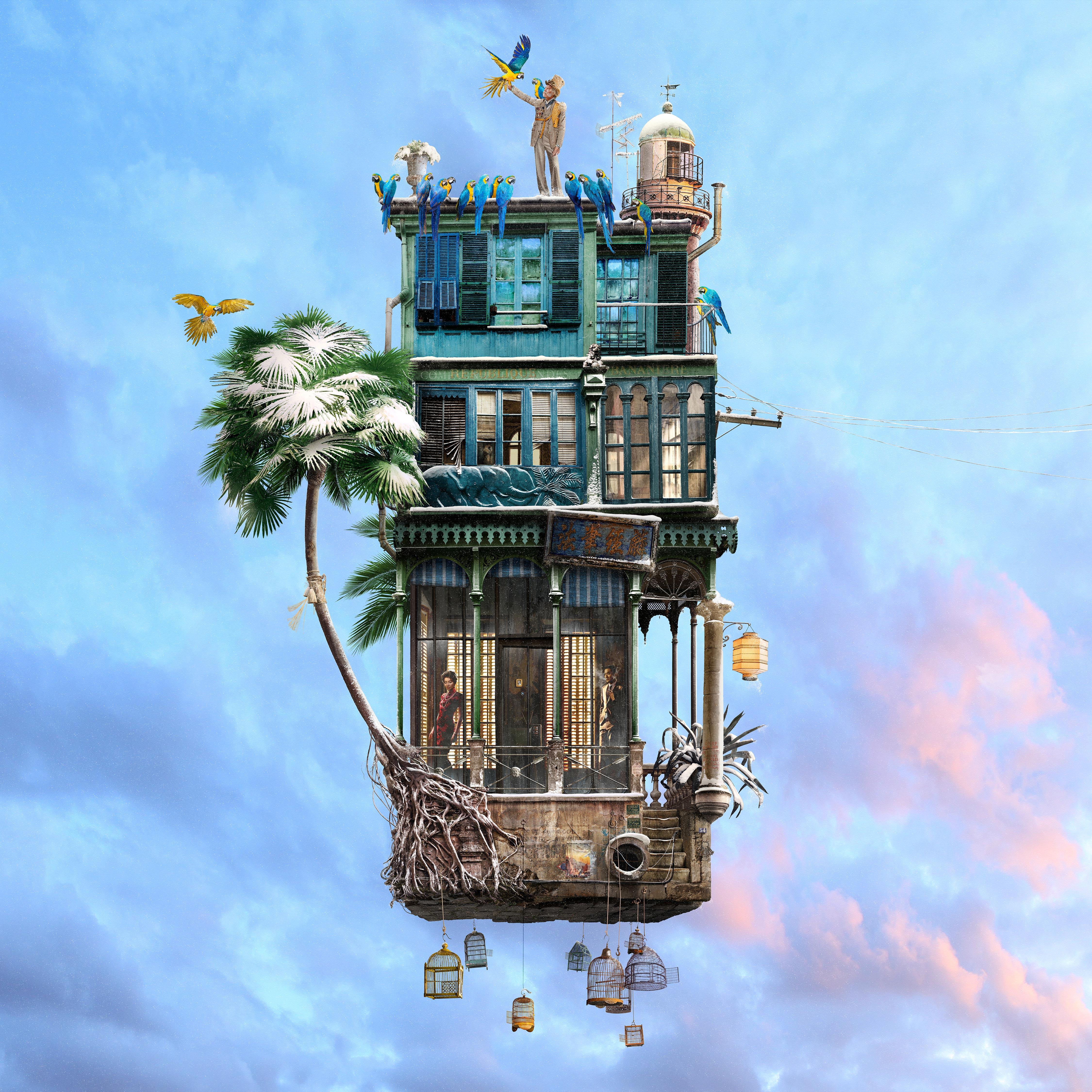 Laurent Chéhère Color Photograph - Bird charmer - Contemporary whimsical digital photo montage of a flying house 