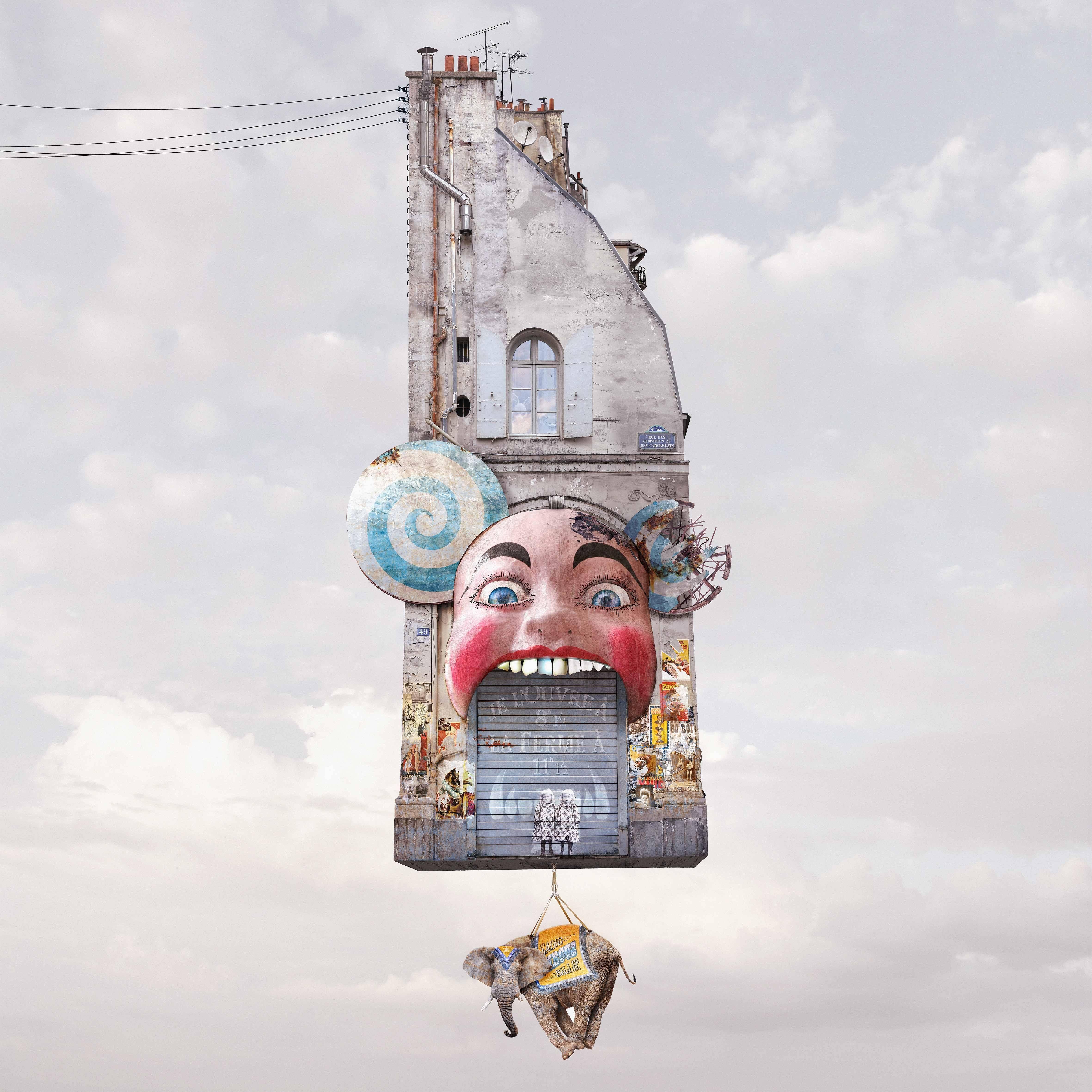 Laurent Chéhère Color Photograph - Cabaret - Contemporary whimsical digital color photo of a Parisian flying house