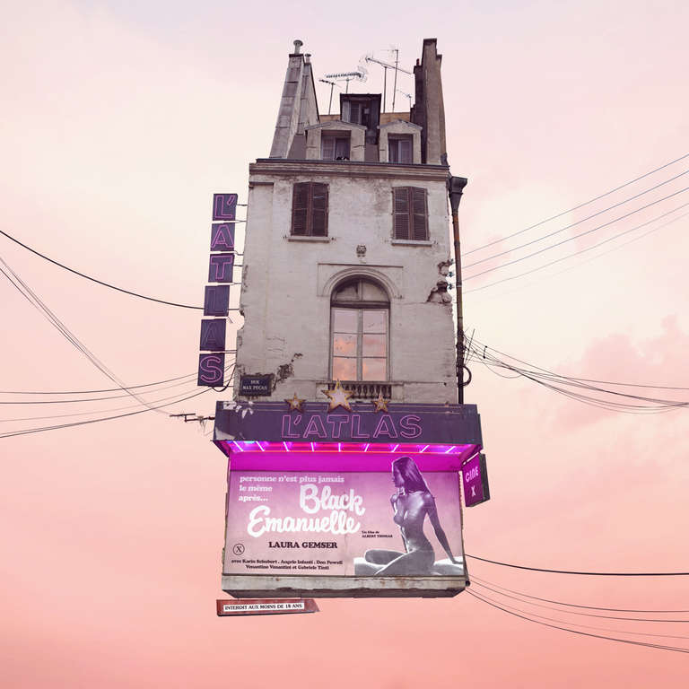 Laurent Chéhère Color Photograph - Cinema - Digital contemporary color photograph of parisian flying house