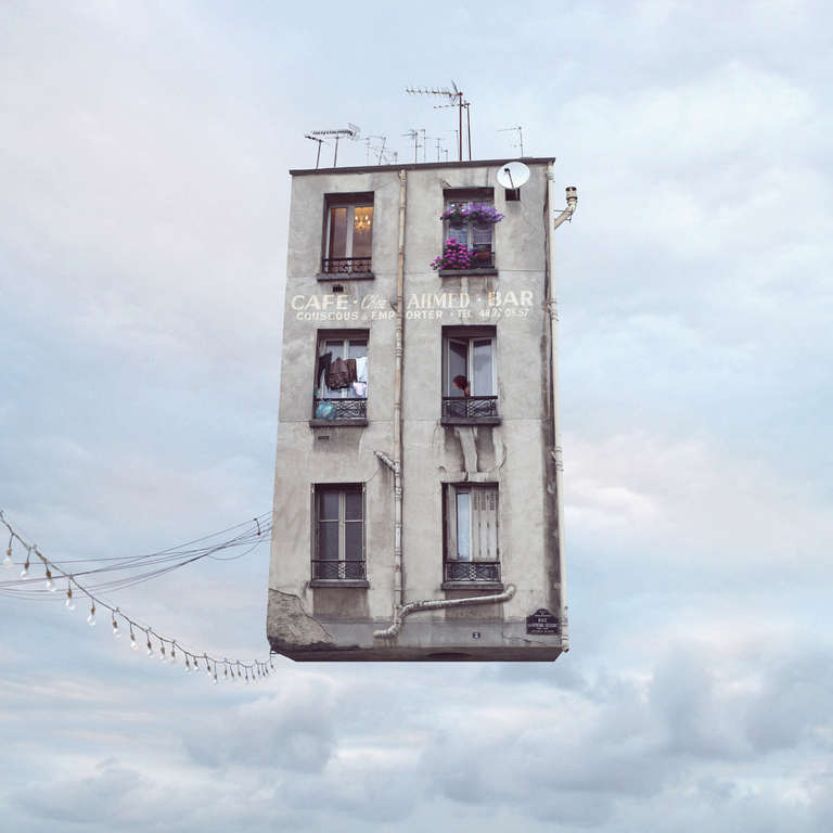 Laurent Chéhere, a French photographer born in 1972 in Paris, makes images of flying houses and other dwellings that are informed by his wanderings in the hidden neighborhoods of Paris and by his love of cinematic history.  Most of his photographs