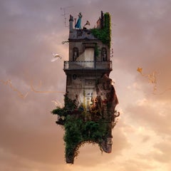 Crepuscule - Contemporary whimsical digital photo montage of a flying house 