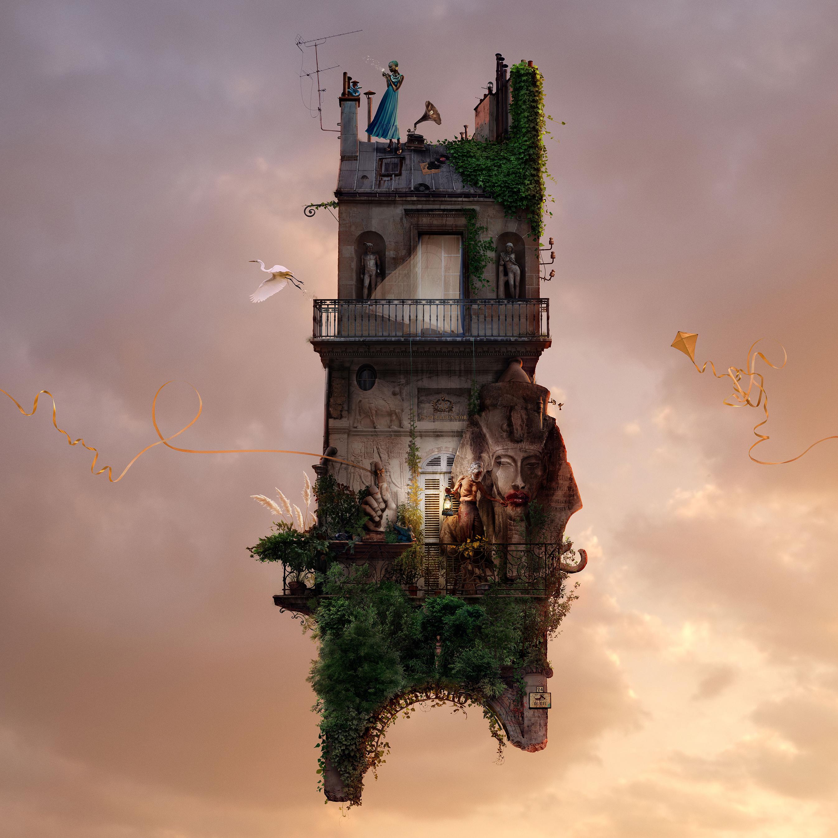 Laurent Chéhère Color Photograph - Crepuscule - Contemporary whimsical digital photo montage of a flying house 