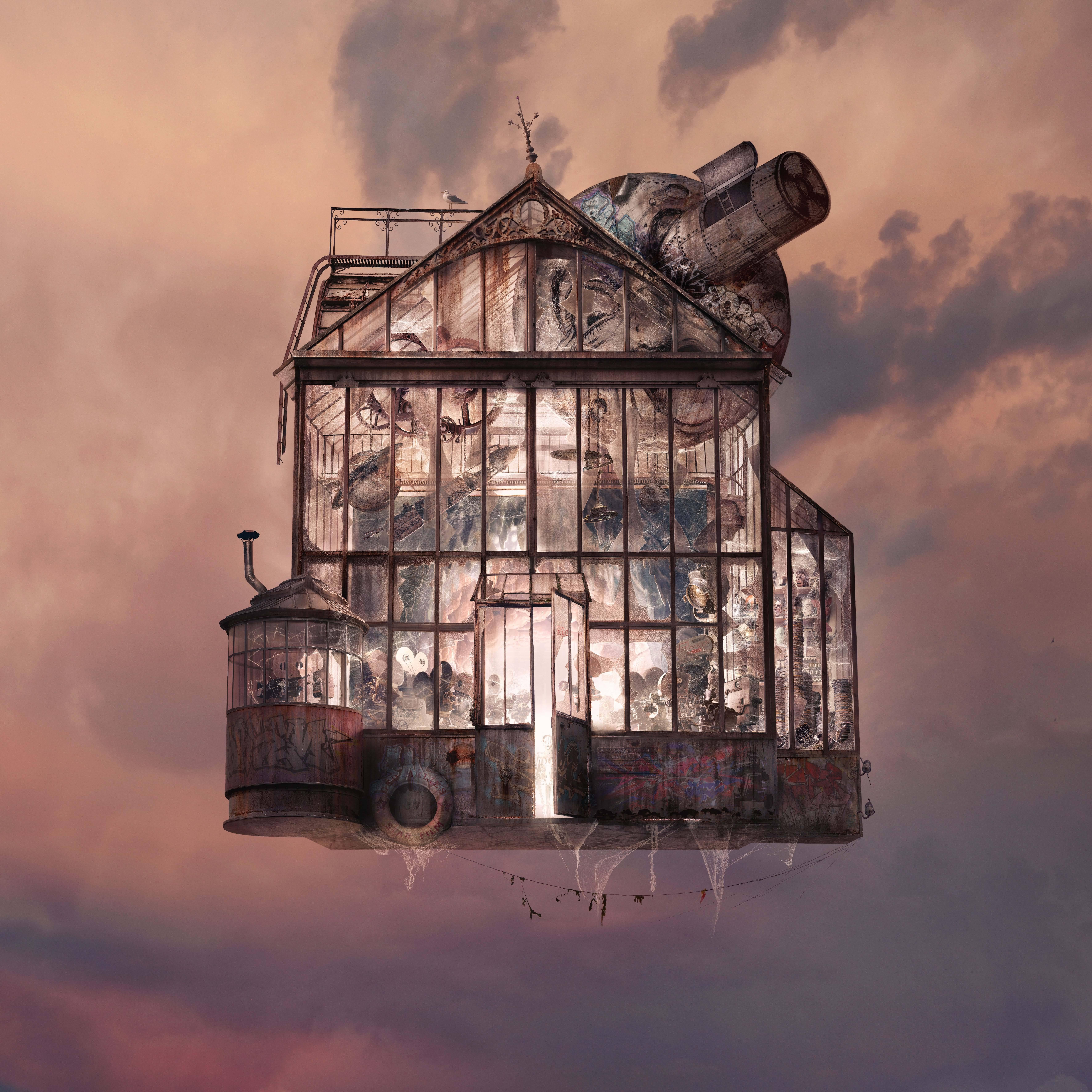Moon - Contemporary whimsical digital color photo of flying house
